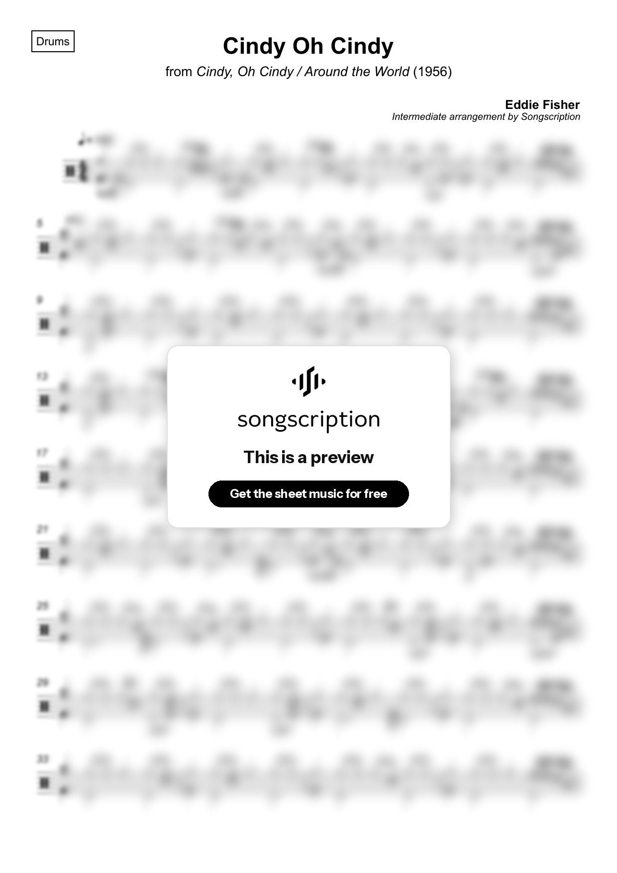 Intermediate Drums Sheet Music for "Cindy Oh Cindy" by Eddie Fisher