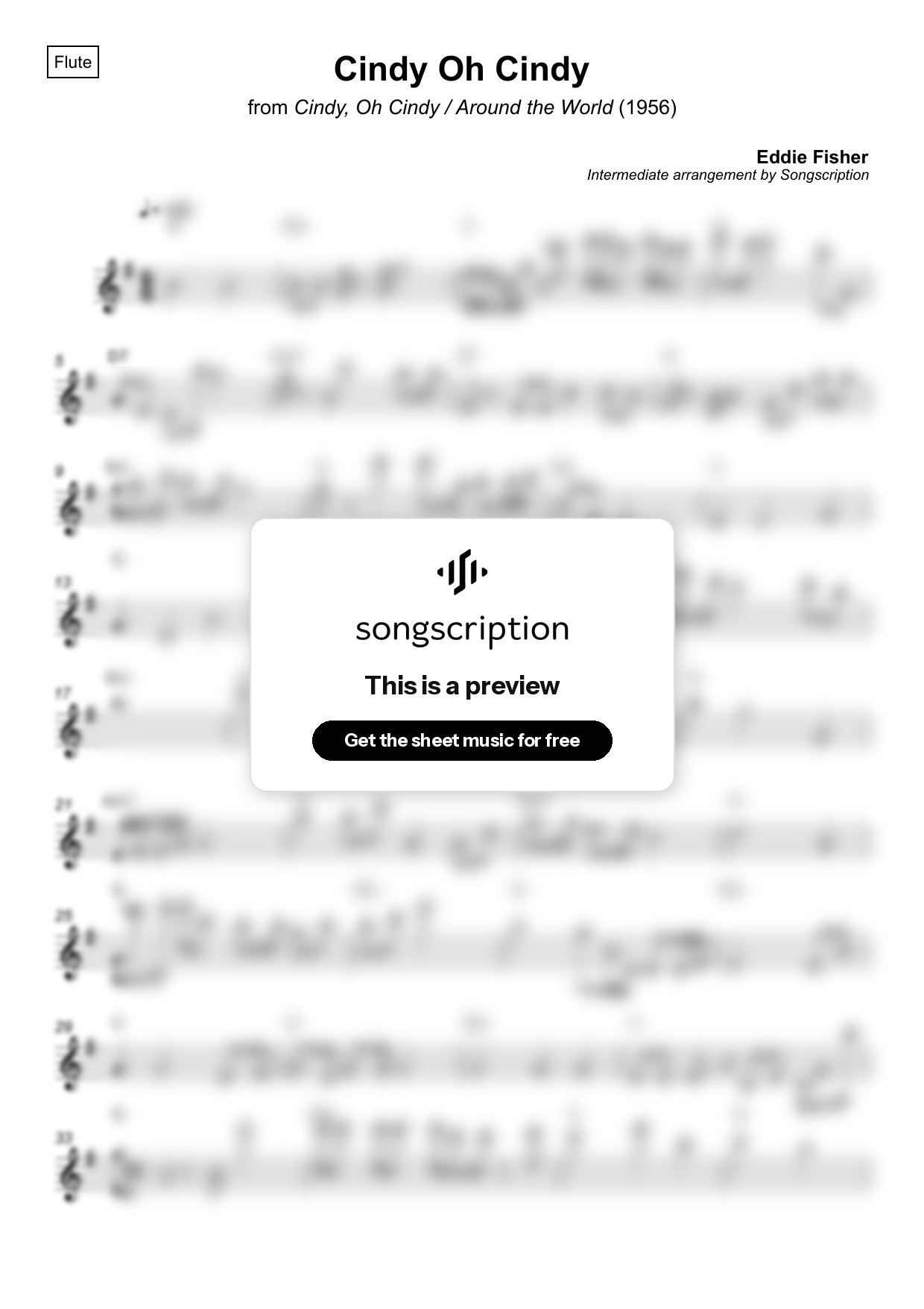 Intermediate Flute Sheet Music for "Cindy Oh Cindy" by Eddie Fisher