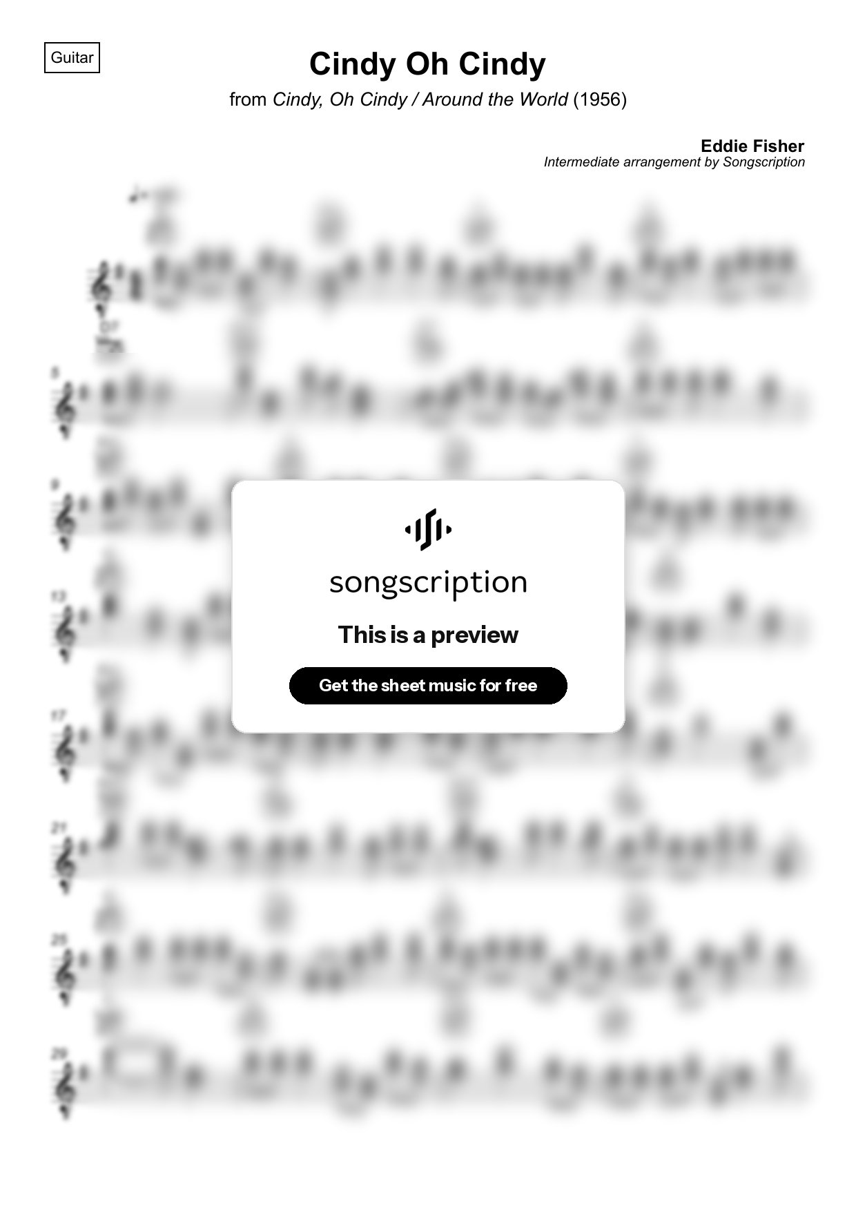 Intermediate Acoustic Guitar Sheet Music for "Cindy Oh Cindy" by Eddie Fisher