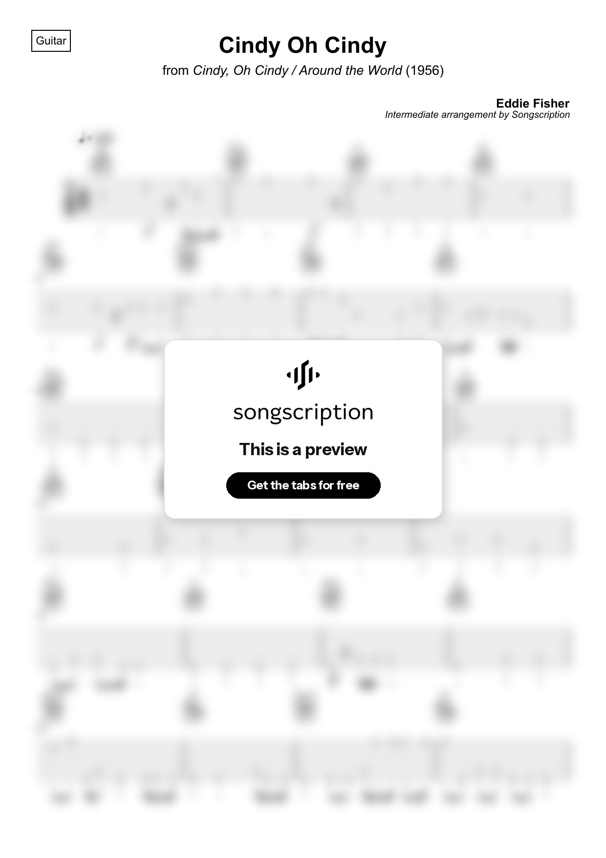 Intermediate Acoustic Guitar Tabs for "Cindy Oh Cindy" by Eddie Fisher