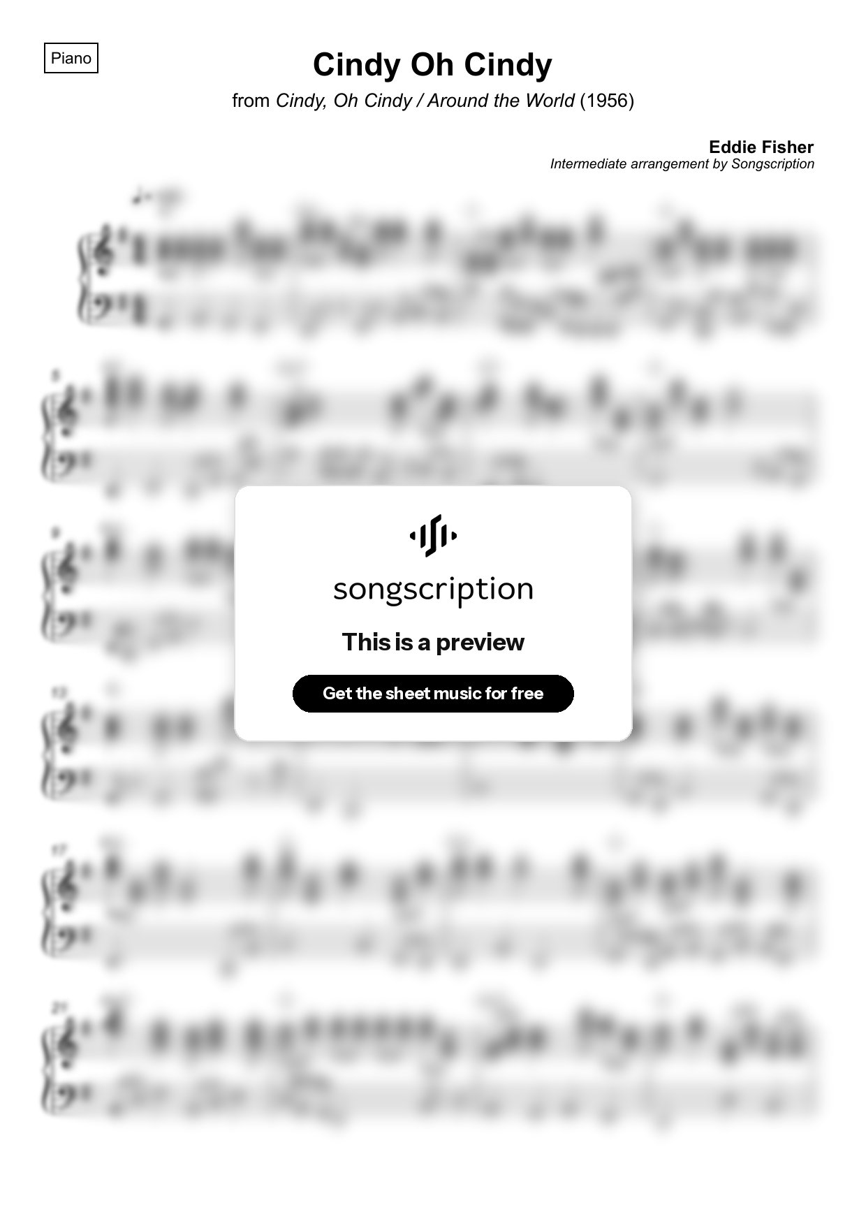 Intermediate Piano Sheet Music for "Cindy Oh Cindy" by Eddie Fisher