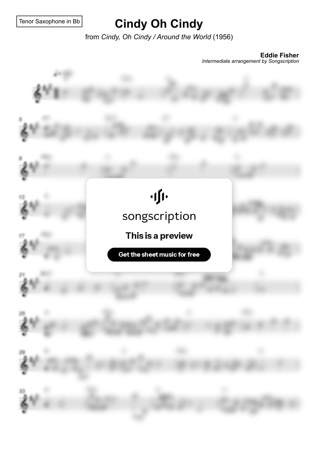 Intermediate Tenor Sax Sheet Music for "Cindy Oh Cindy" by Eddie Fisher