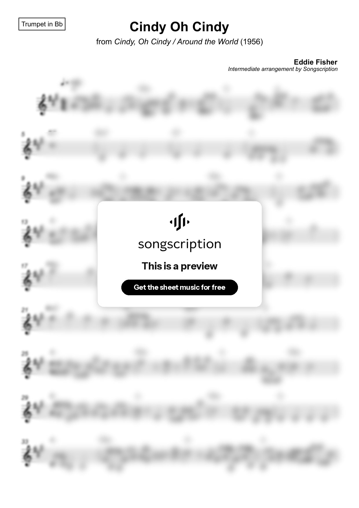 Intermediate Trumpet Sheet Music for "Cindy Oh Cindy" by Eddie Fisher