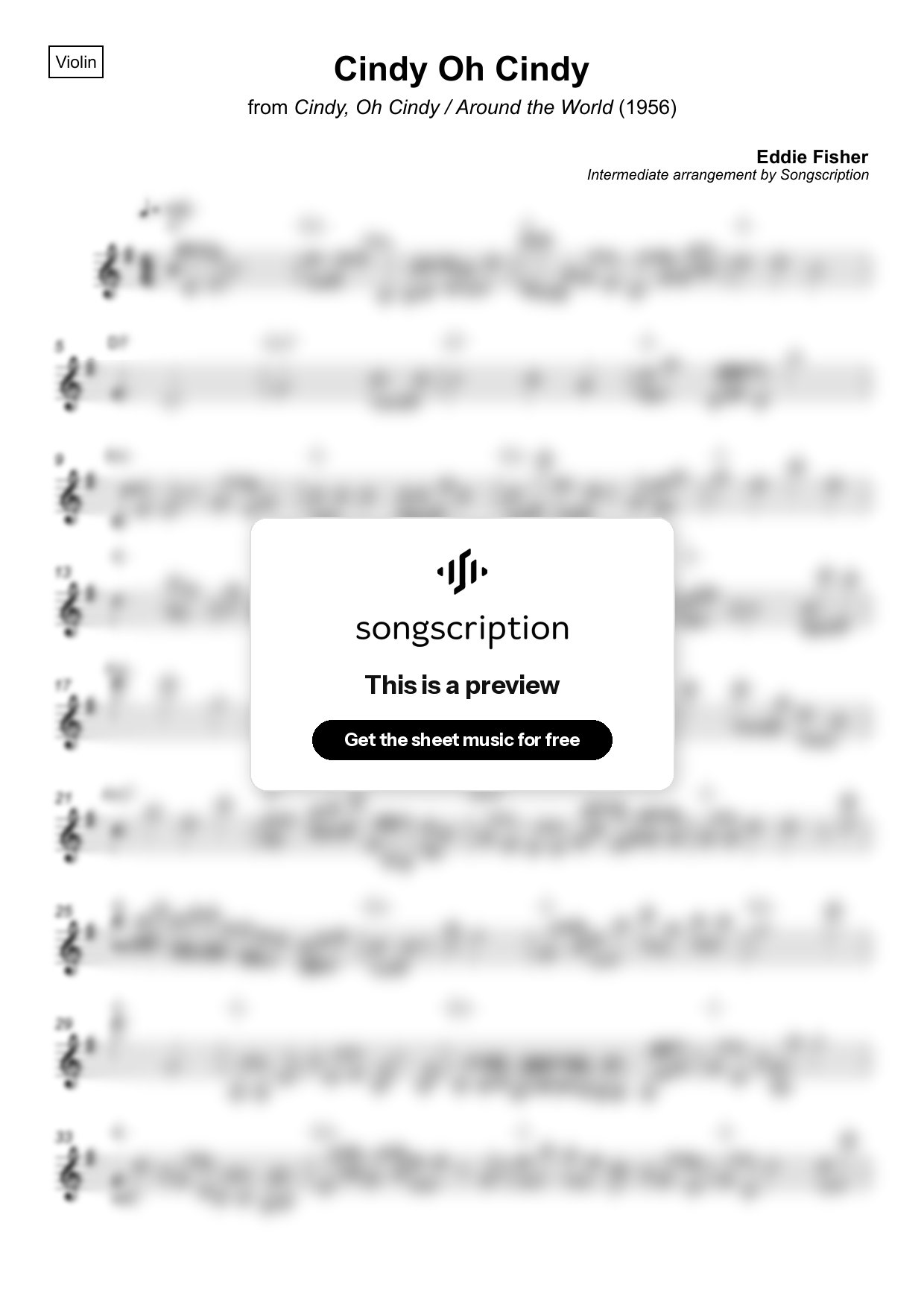 Intermediate Violin Sheet Music for "Cindy Oh Cindy" by Eddie Fisher