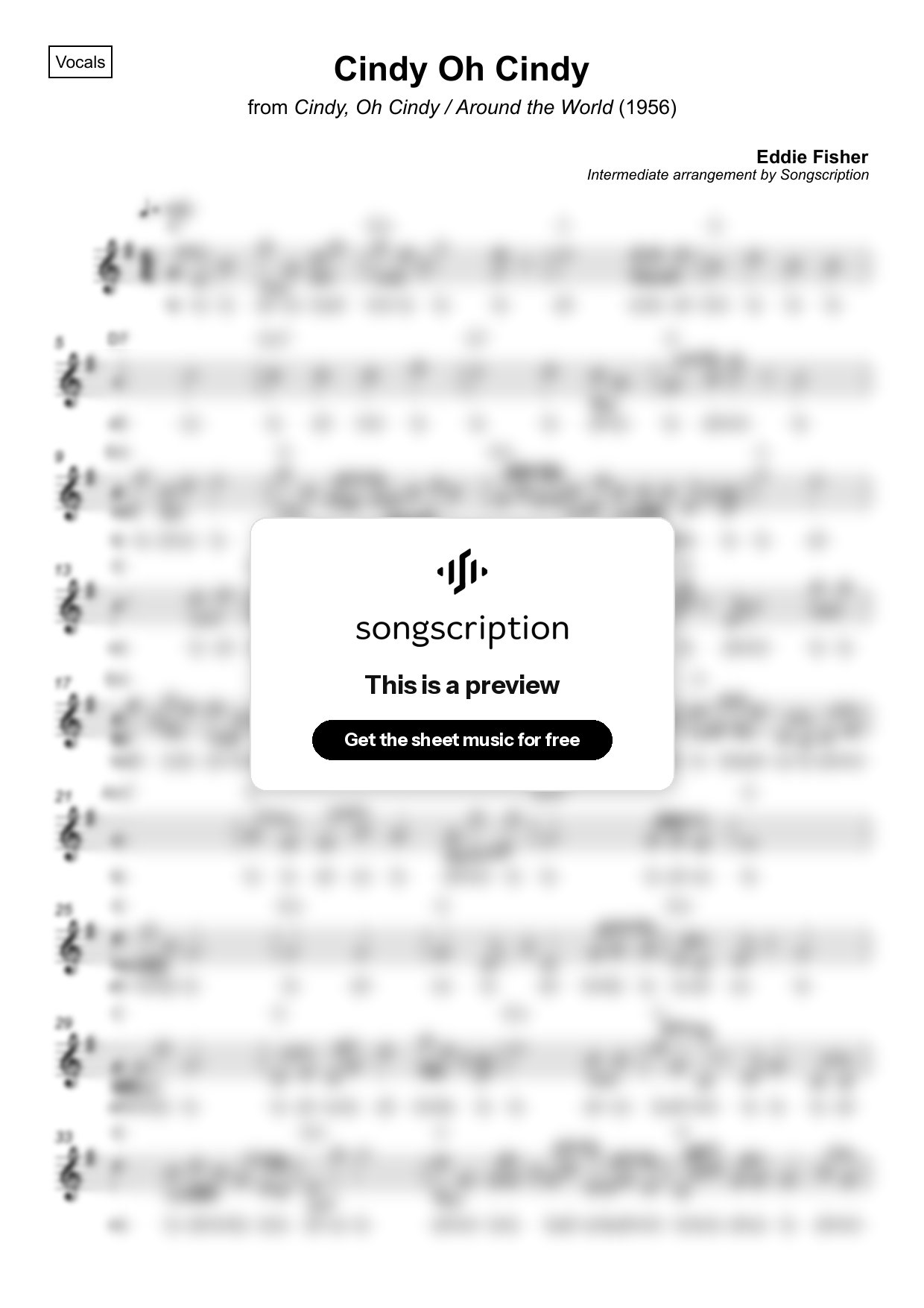 Intermediate Vocals Sheet Music for "Cindy Oh Cindy" by Eddie Fisher