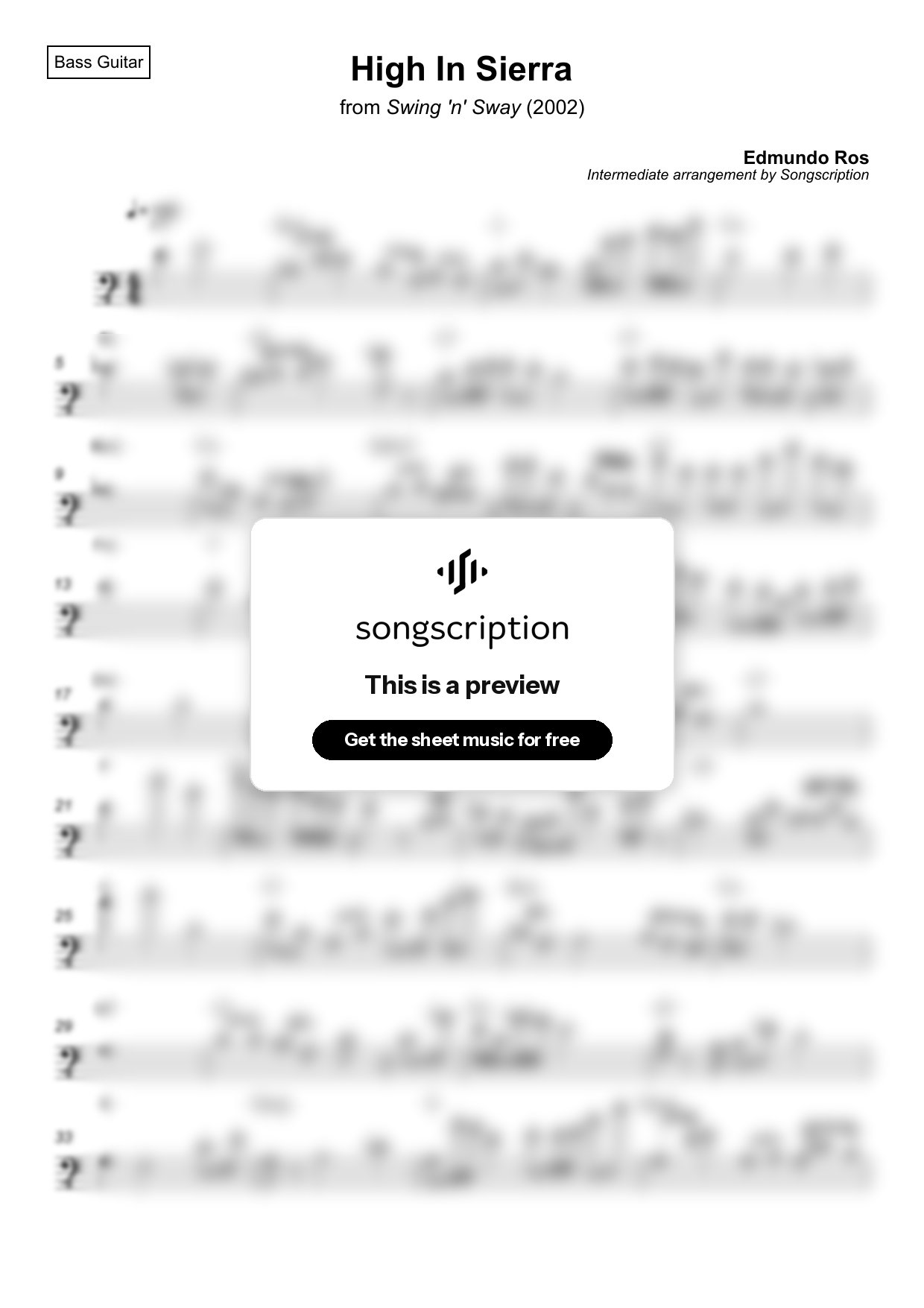 Intermediate Bass Guitar Sheet Music for "High In Sierra" by Edmundo Ros