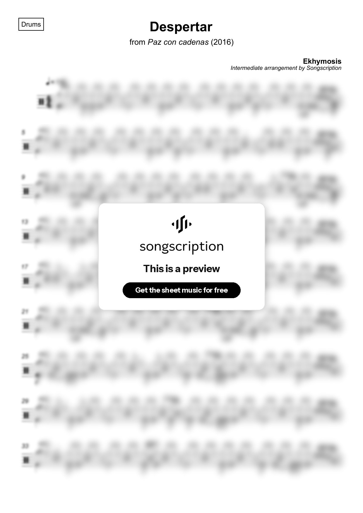 Intermediate Drums Sheet Music for "Despertar" by Ekhymosis