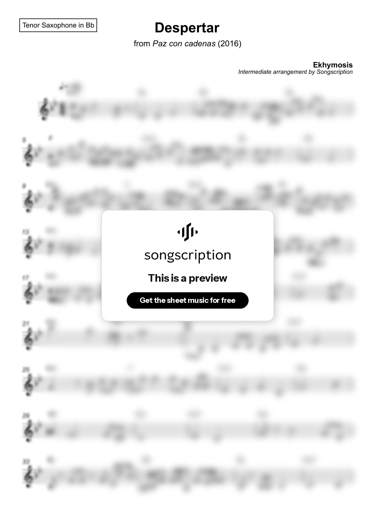 Intermediate Tenor Sax Sheet Music for "Despertar" by Ekhymosis