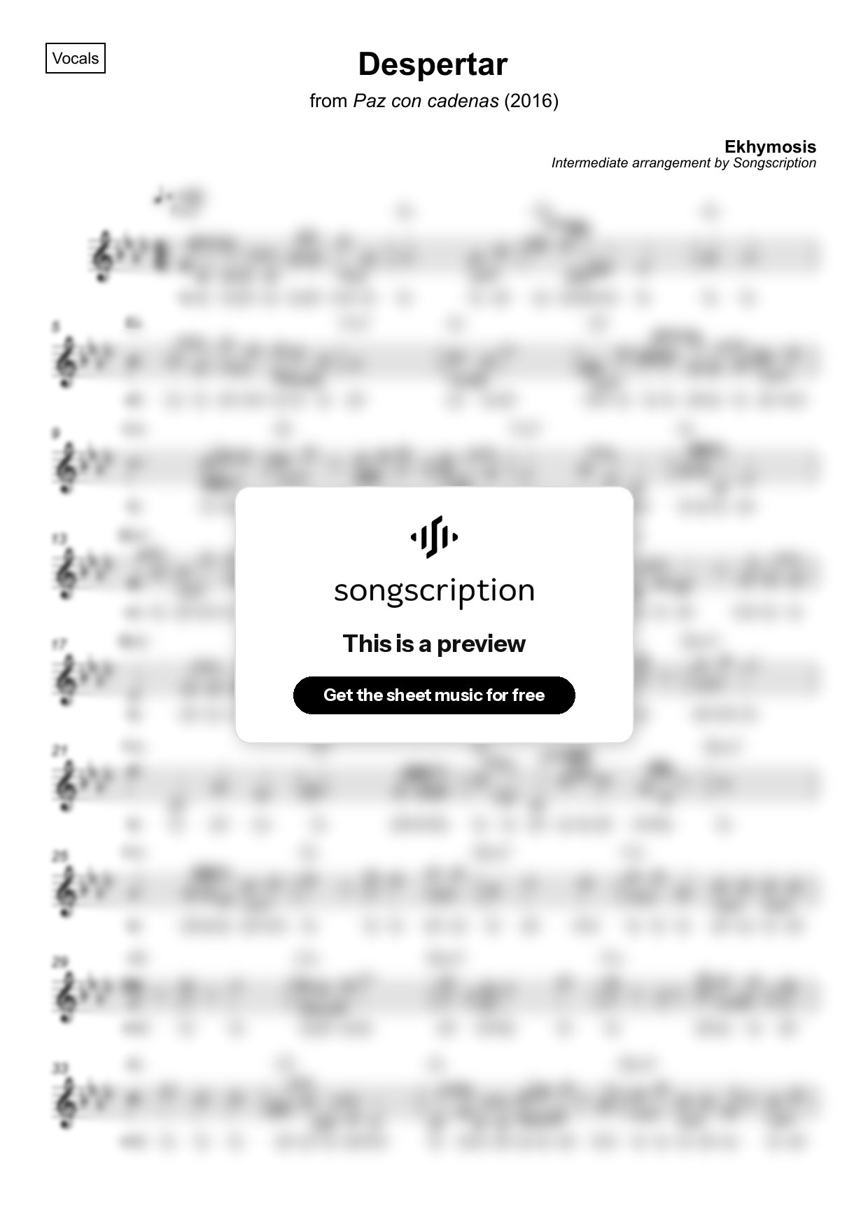 Intermediate Vocals Sheet Music for "Despertar" by Ekhymosis