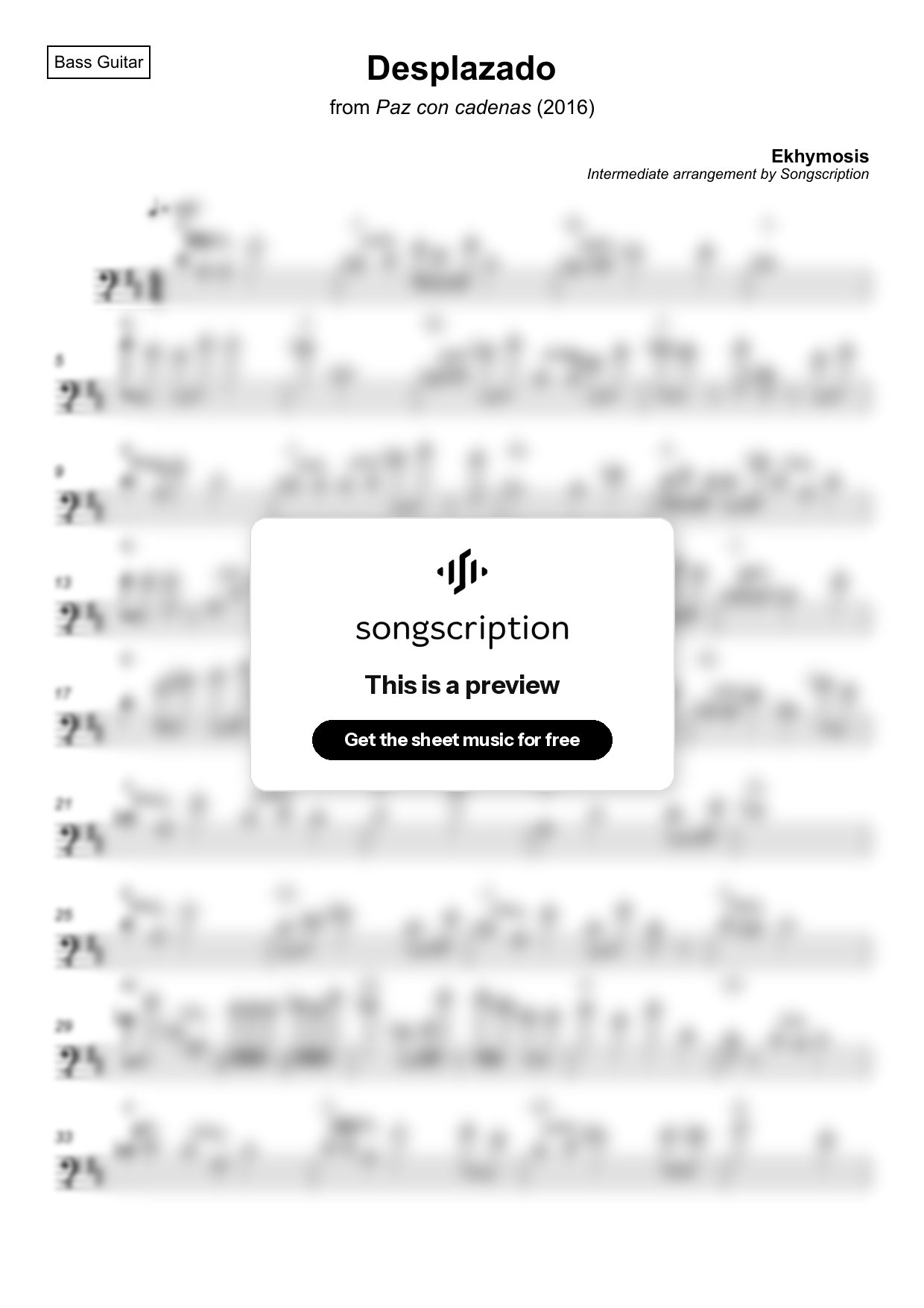 Intermediate Bass Guitar Sheet Music for "Desplazado" by Ekhymosis