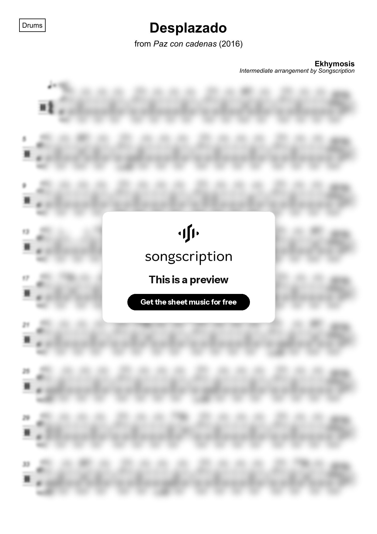 Intermediate Drums Sheet Music for "Desplazado" by Ekhymosis