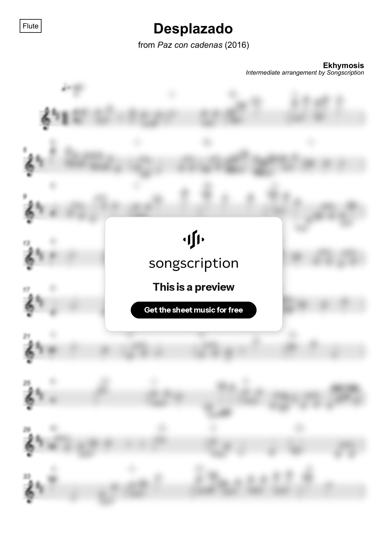 Intermediate Flute Sheet Music for "Desplazado" by Ekhymosis