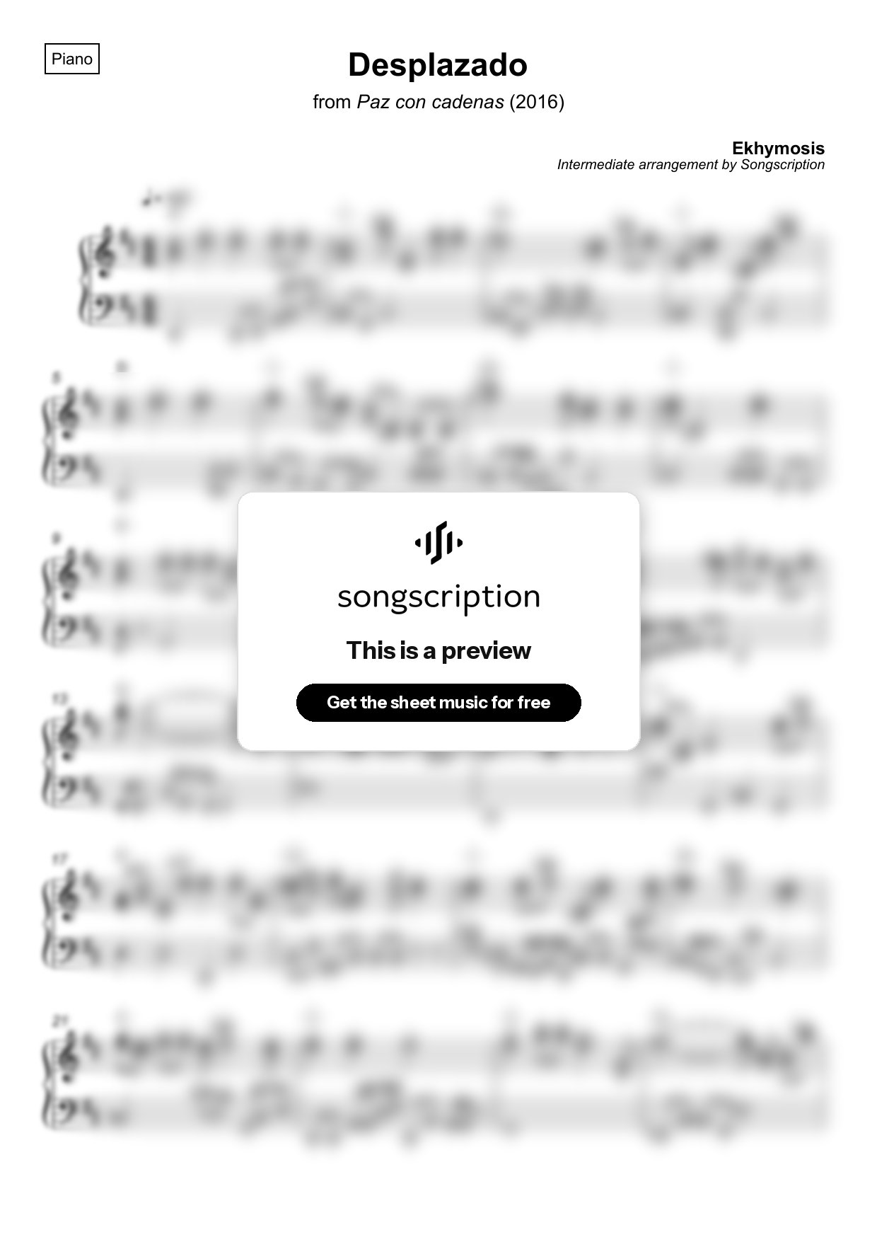 Intermediate Piano Sheet Music for "Desplazado" by Ekhymosis