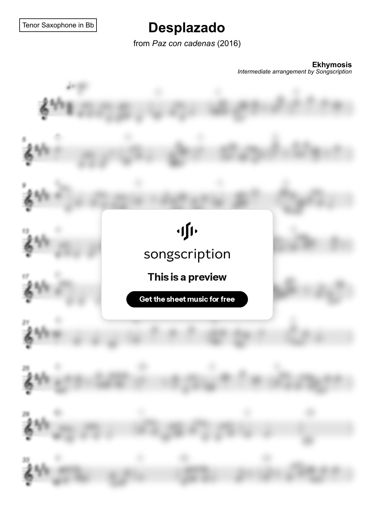 Intermediate Tenor Sax Sheet Music for "Desplazado" by Ekhymosis