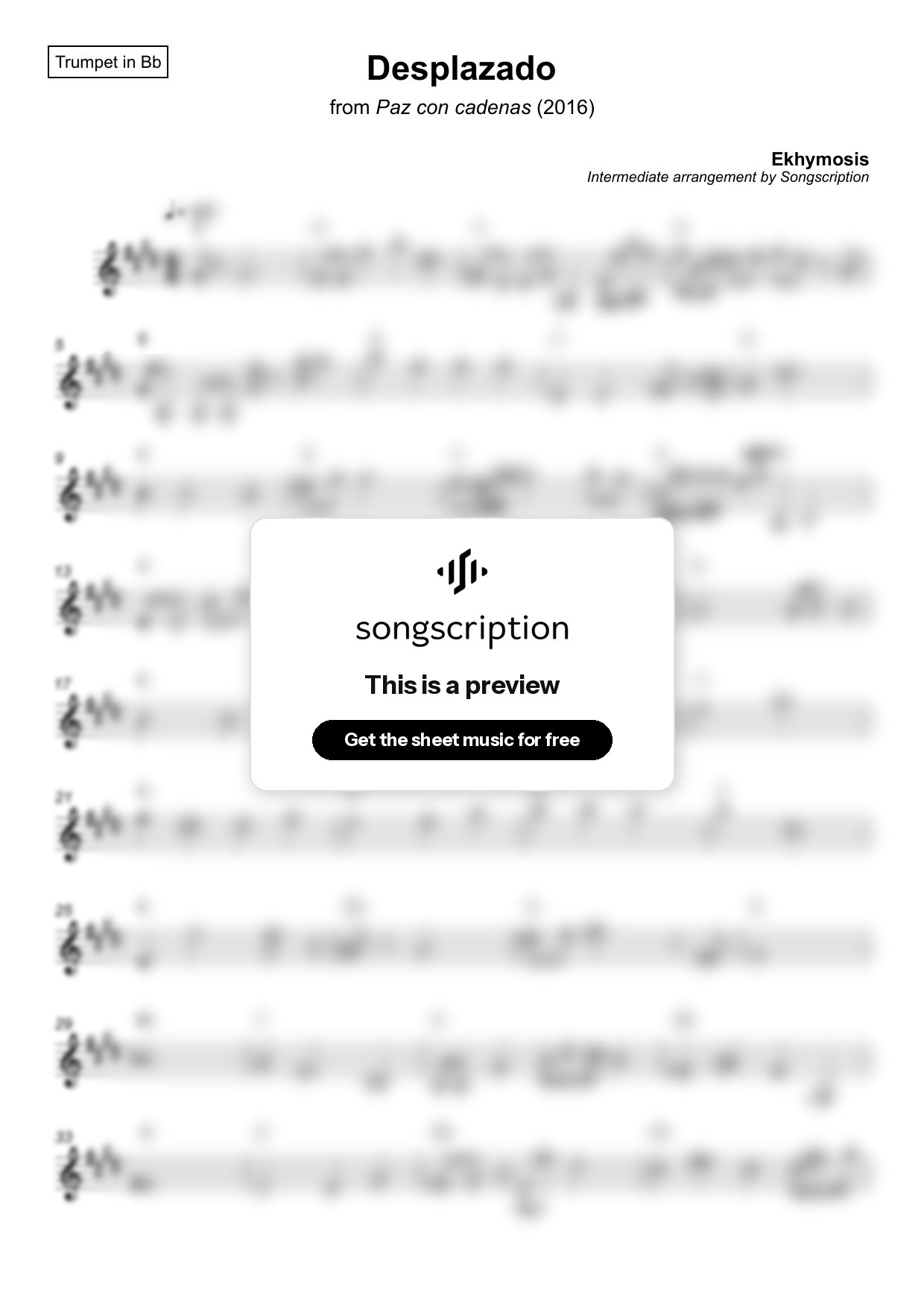 Intermediate Trumpet Sheet Music for "Desplazado" by Ekhymosis