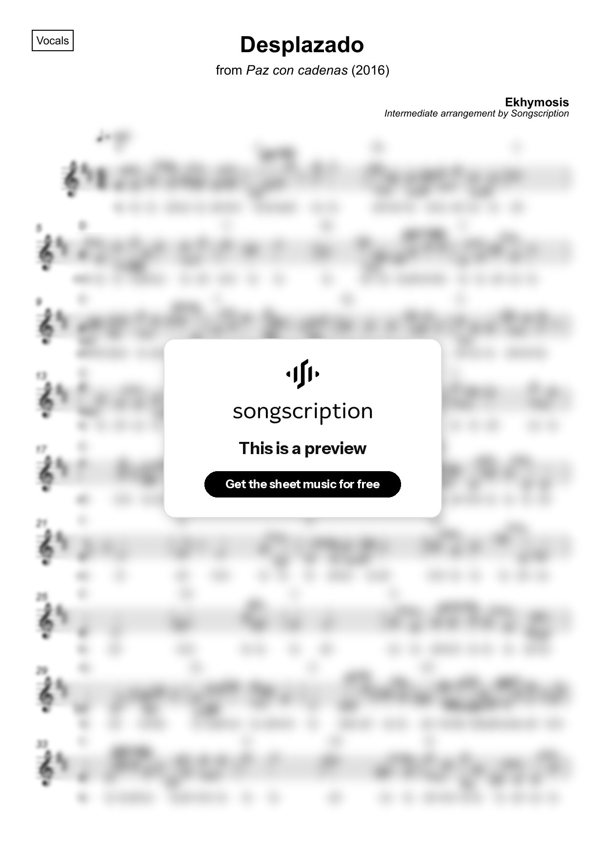 Intermediate Vocals Sheet Music for "Desplazado" by Ekhymosis