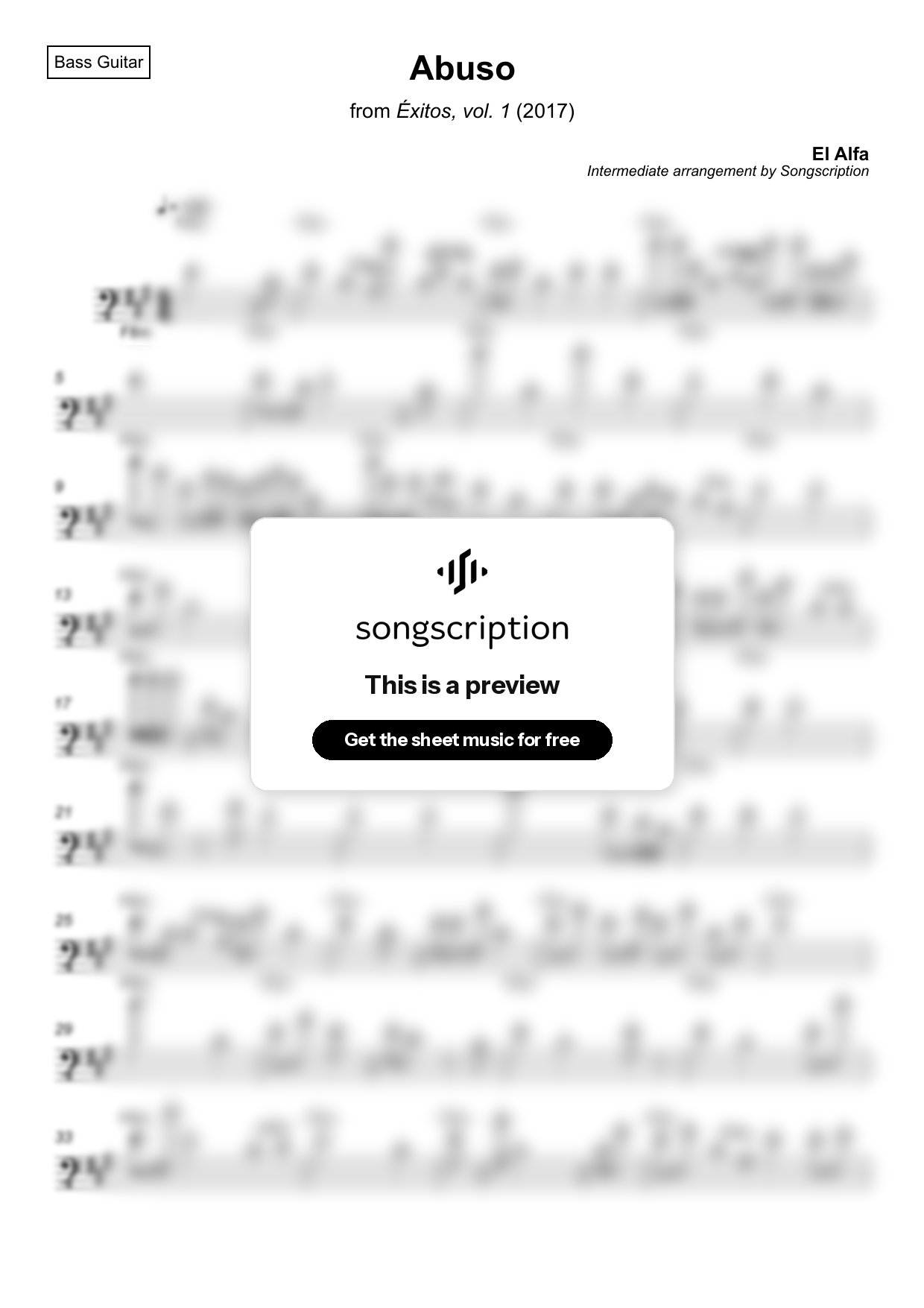 Intermediate Bass Guitar Sheet Music for "Abuso" by El Alfa