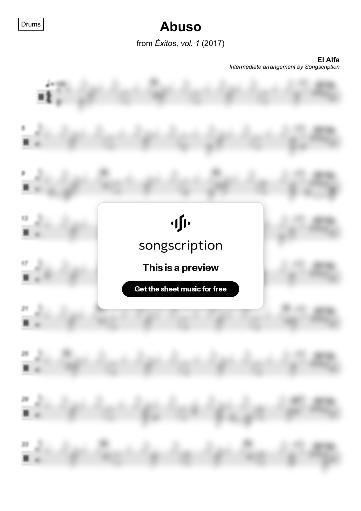 Intermediate Drums Sheet Music for "Abuso" by El Alfa