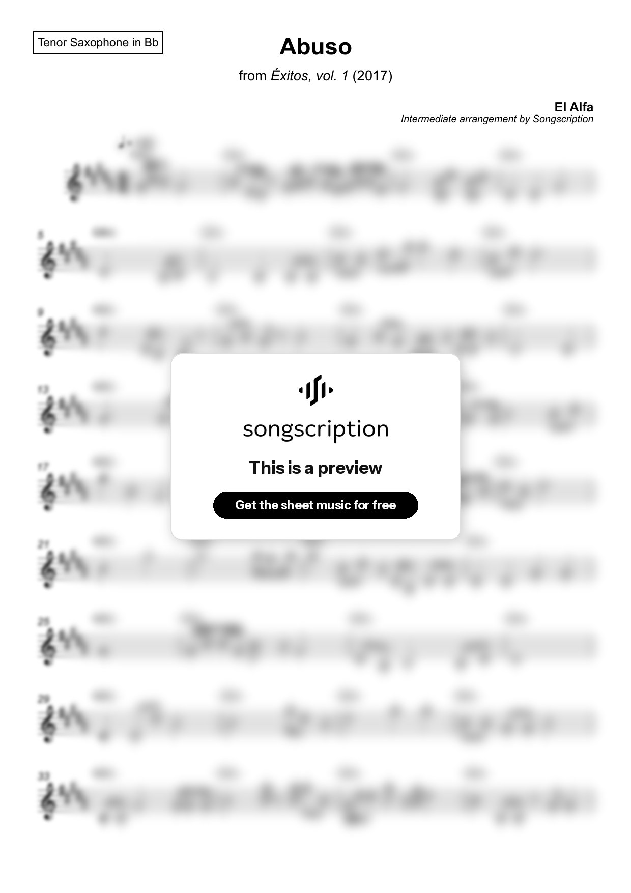 Intermediate Tenor Sax Sheet Music for "Abuso" by El Alfa