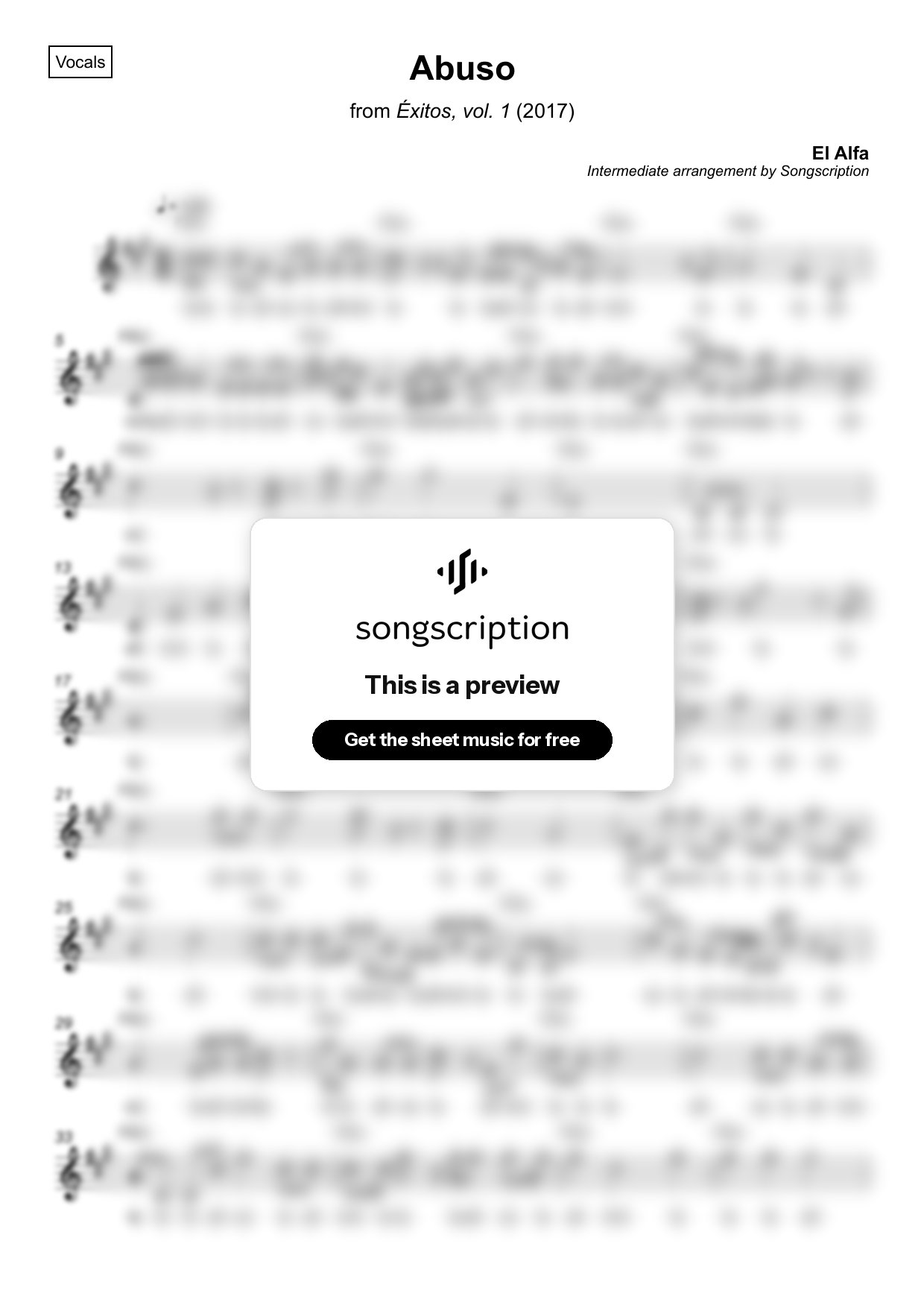 Intermediate Vocals Sheet Music for "Abuso" by El Alfa