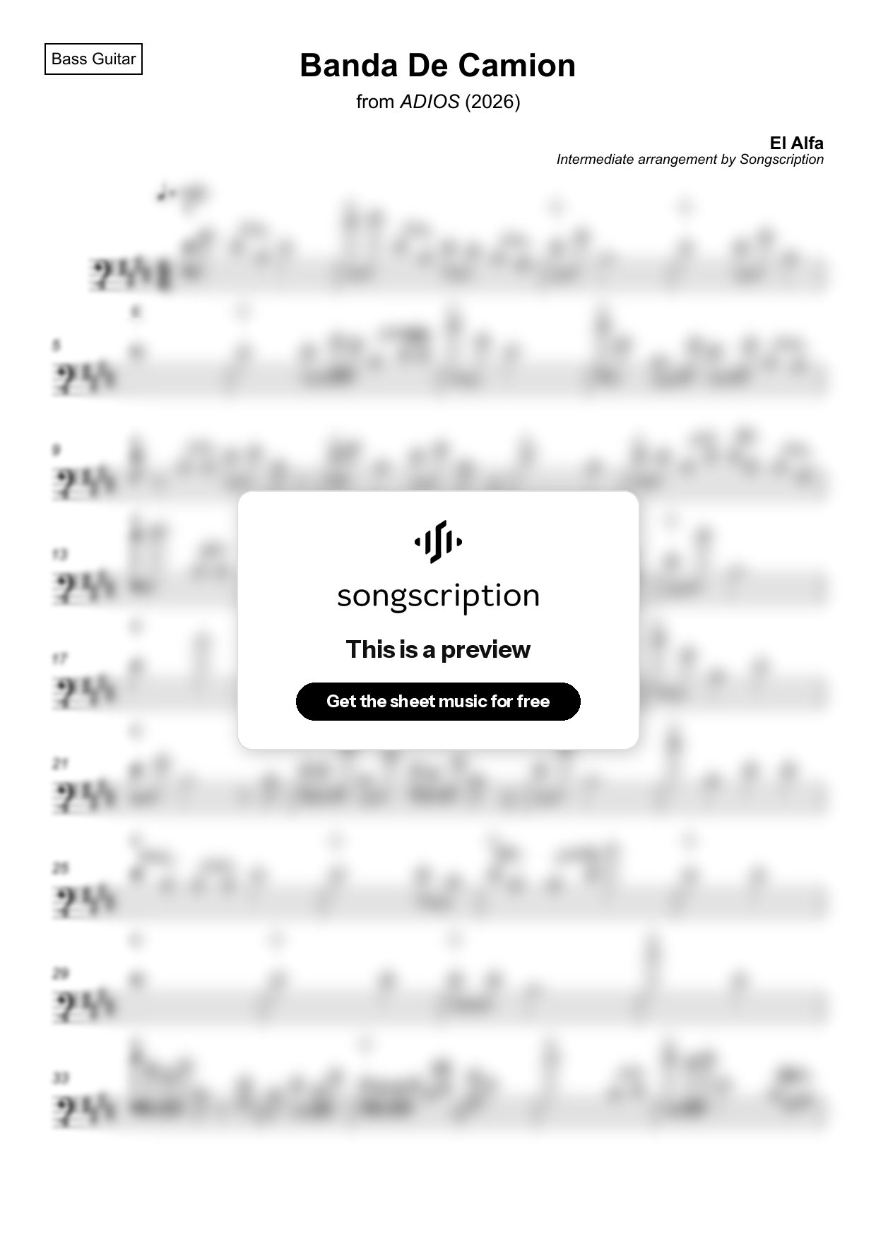 Intermediate Bass Guitar Sheet Music for "Banda De Camion" by El Alfa