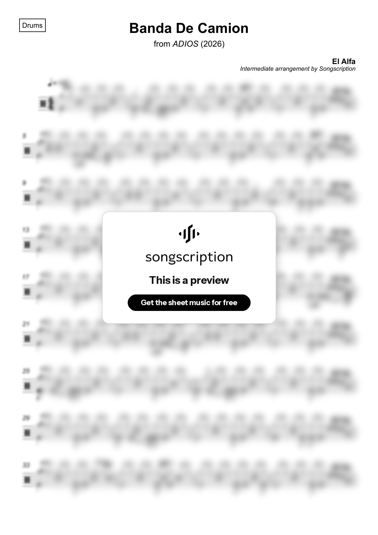 Intermediate Drums Sheet Music for "Banda De Camion" by El Alfa