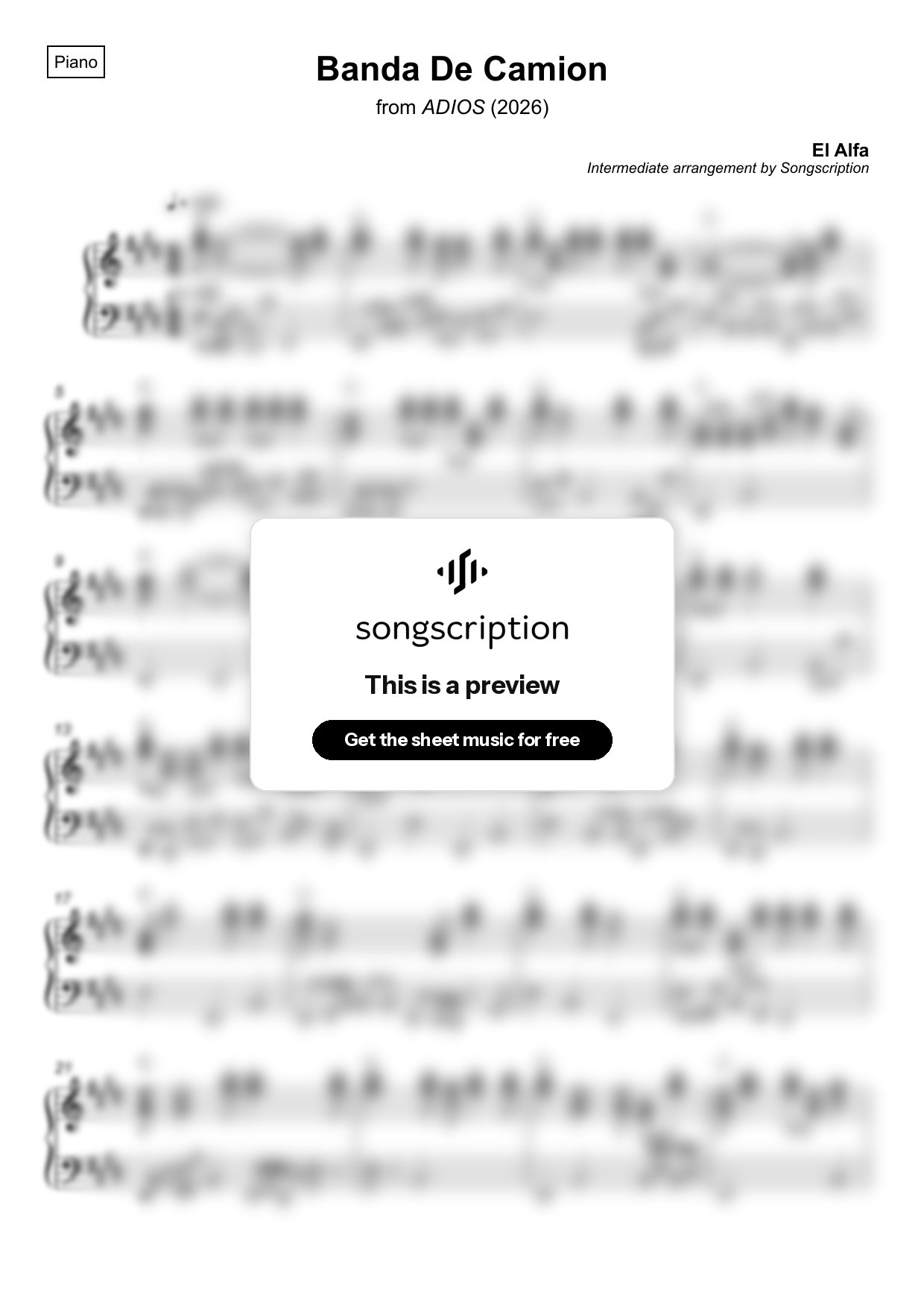 Intermediate Piano Sheet Music for "Banda De Camion" by El Alfa