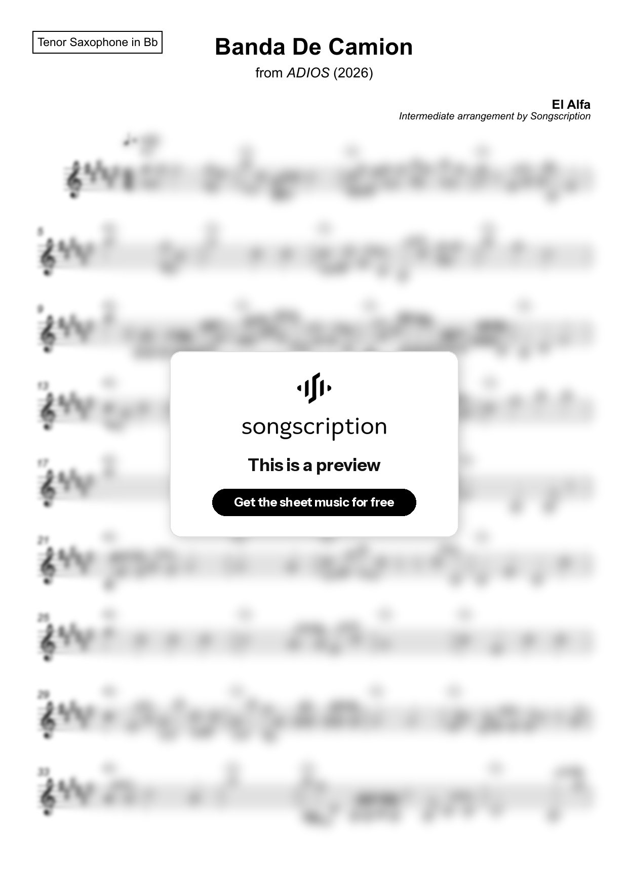 Intermediate Tenor Sax Sheet Music for "Banda De Camion" by El Alfa
