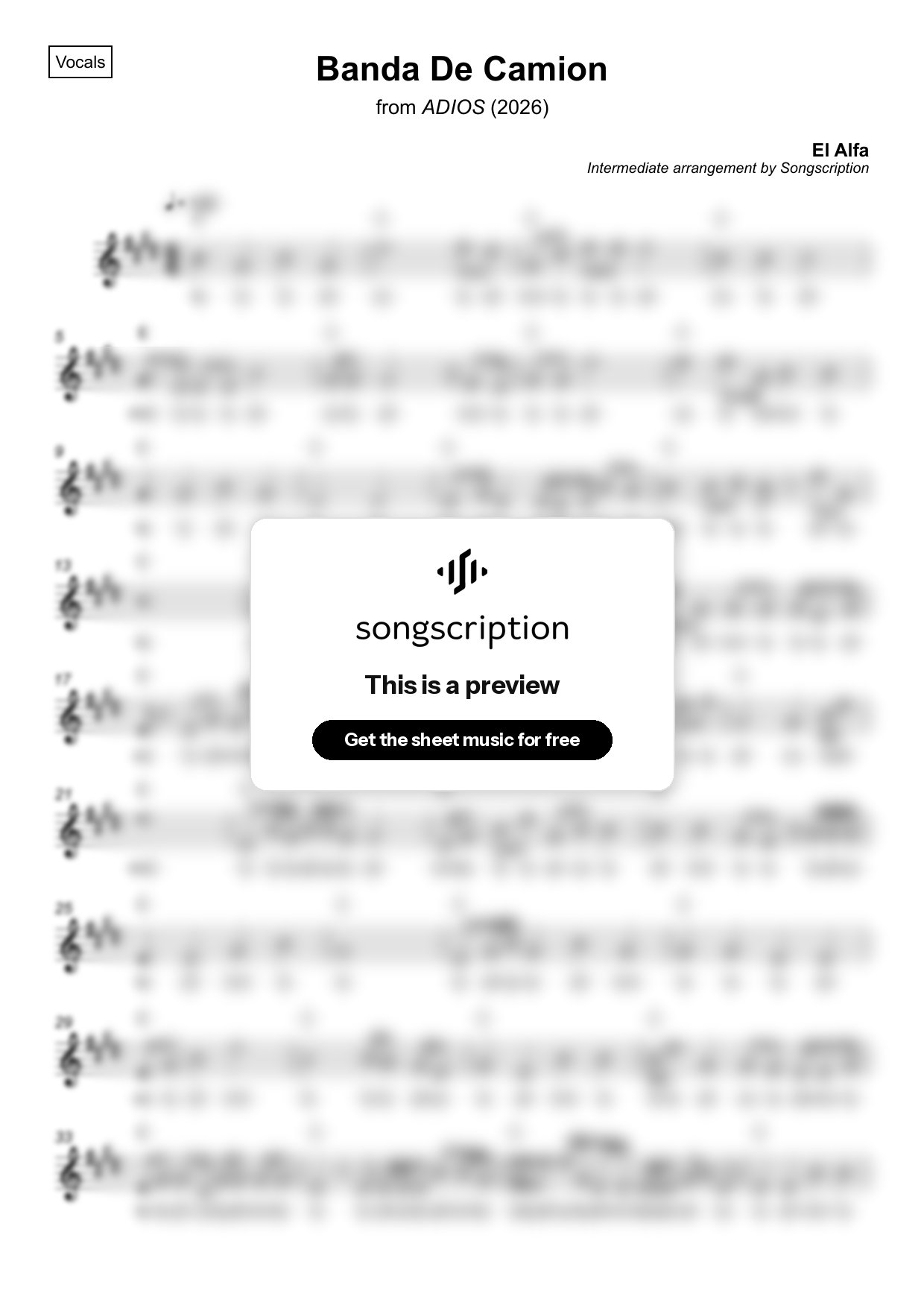 Intermediate Vocals Sheet Music for "Banda De Camion" by El Alfa