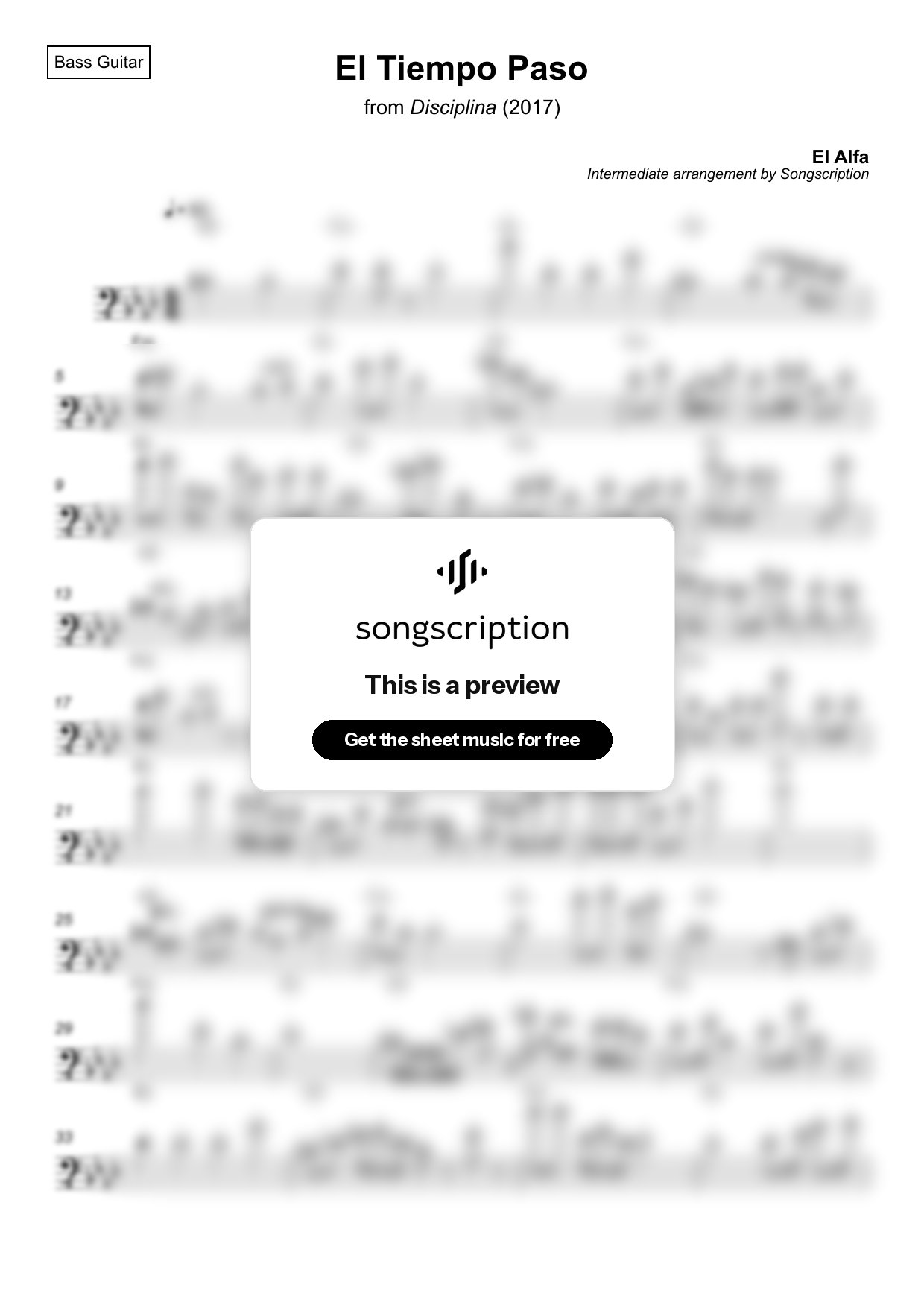 Intermediate Bass Guitar Sheet Music for "El Tiempo Paso" by El Alfa
