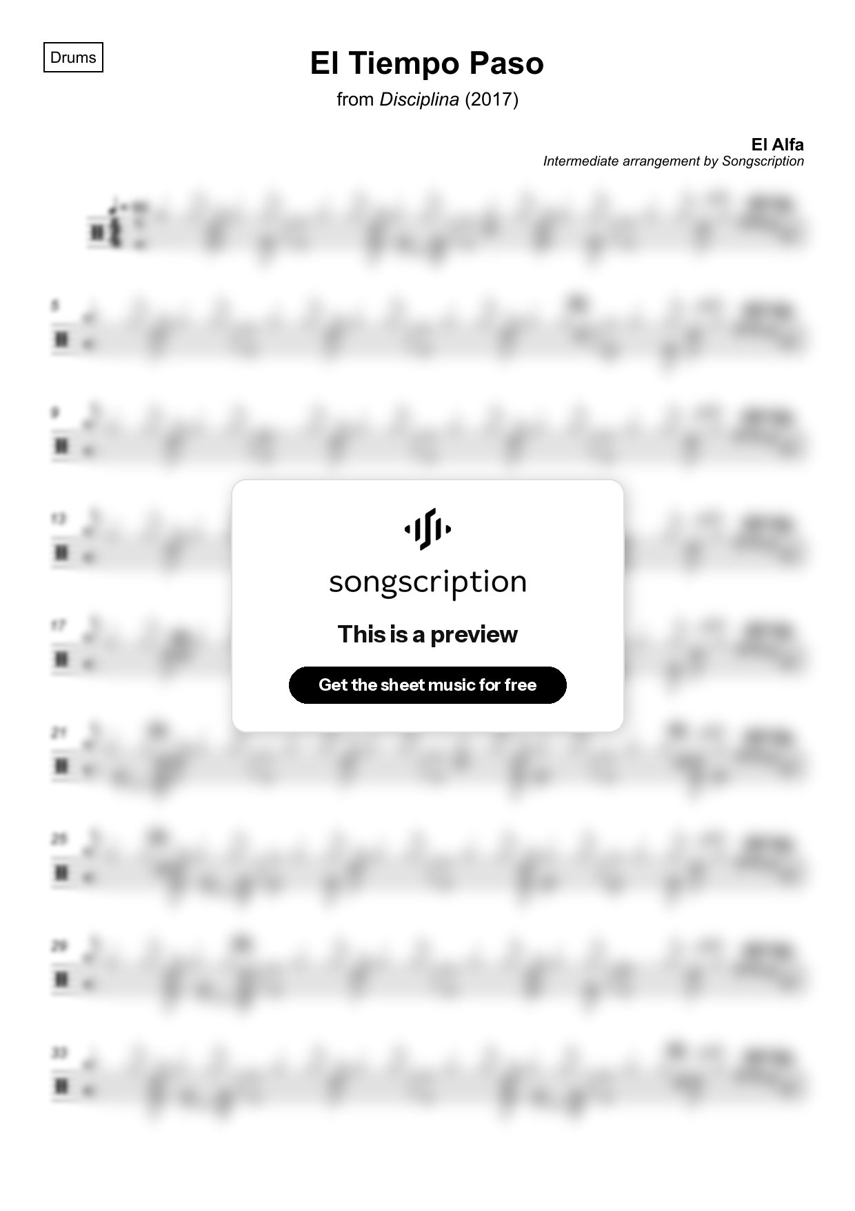 Intermediate Drums Sheet Music for "El Tiempo Paso" by El Alfa
