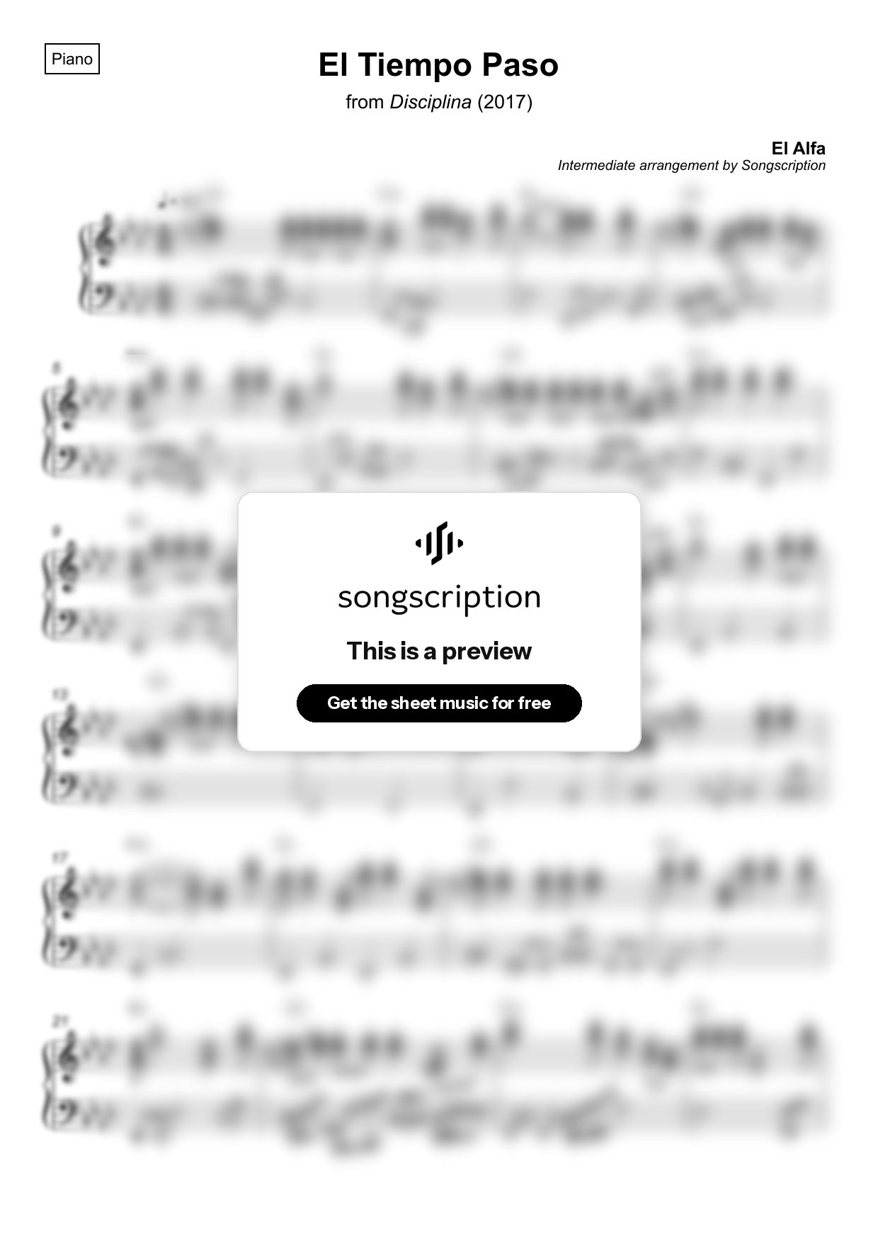 Intermediate Piano Sheet Music for "El Tiempo Paso" by El Alfa