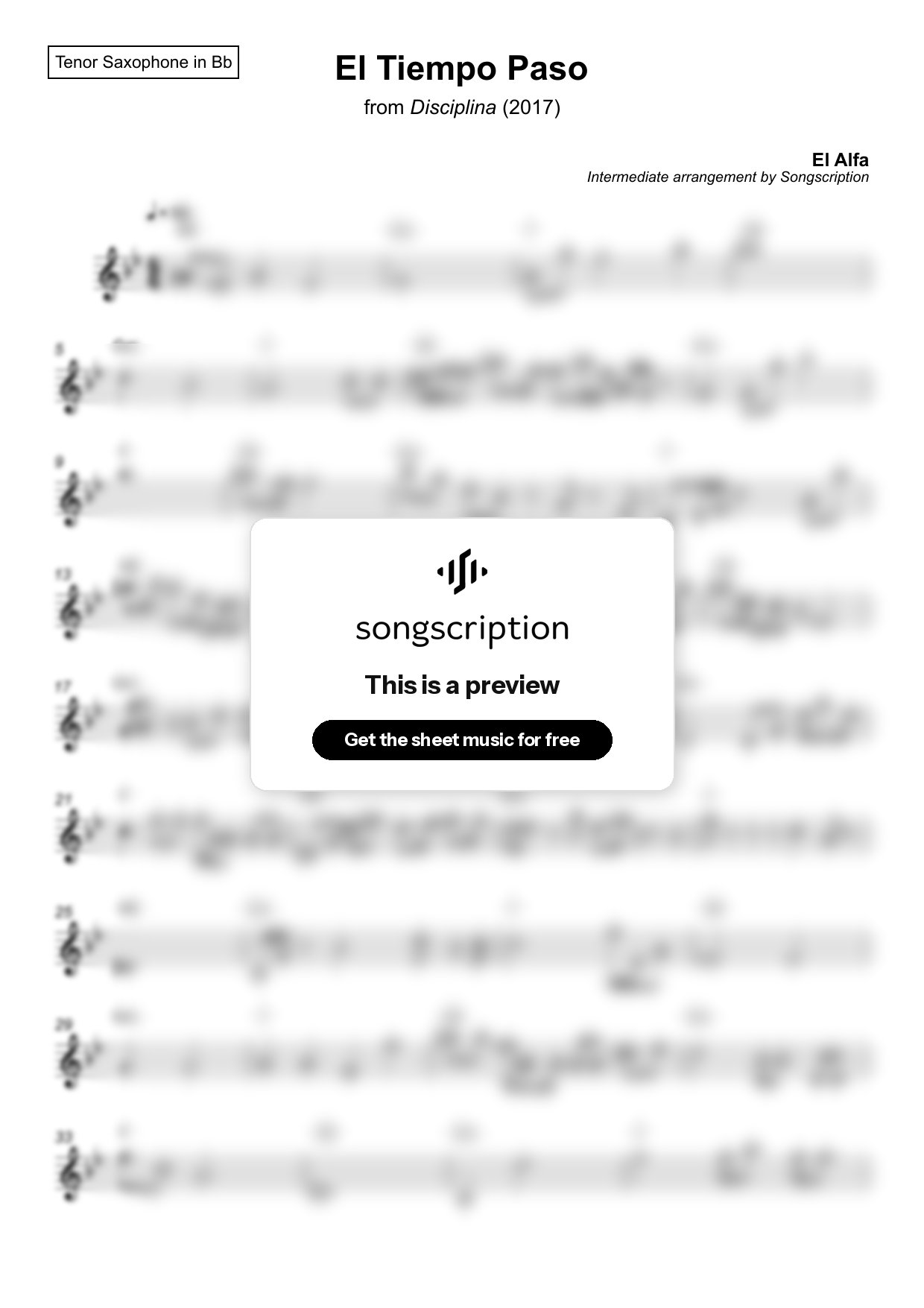 Intermediate Tenor Sax Sheet Music for "El Tiempo Paso" by El Alfa