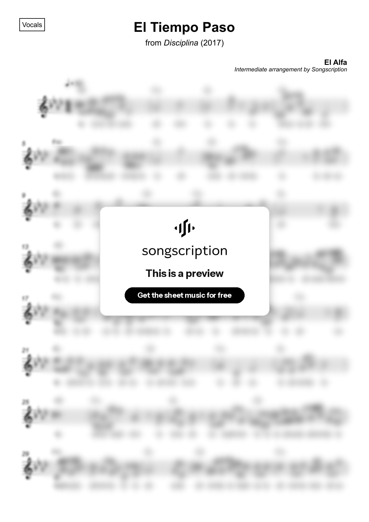 Intermediate Vocals Sheet Music for "El Tiempo Paso" by El Alfa