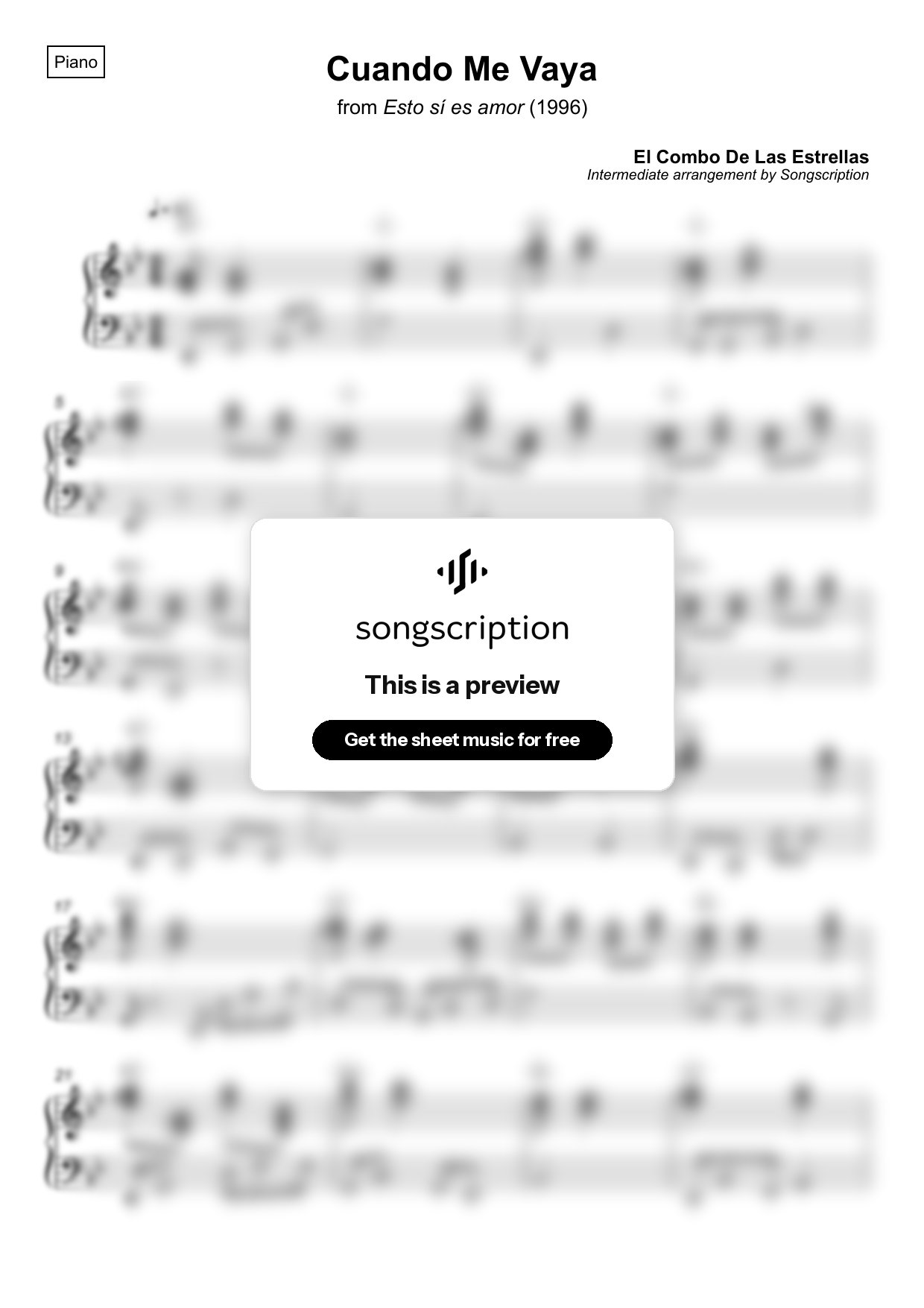 Intermediate Piano Sheet Music for "Cuando Me Vaya" by El Combo De Las Estrellas