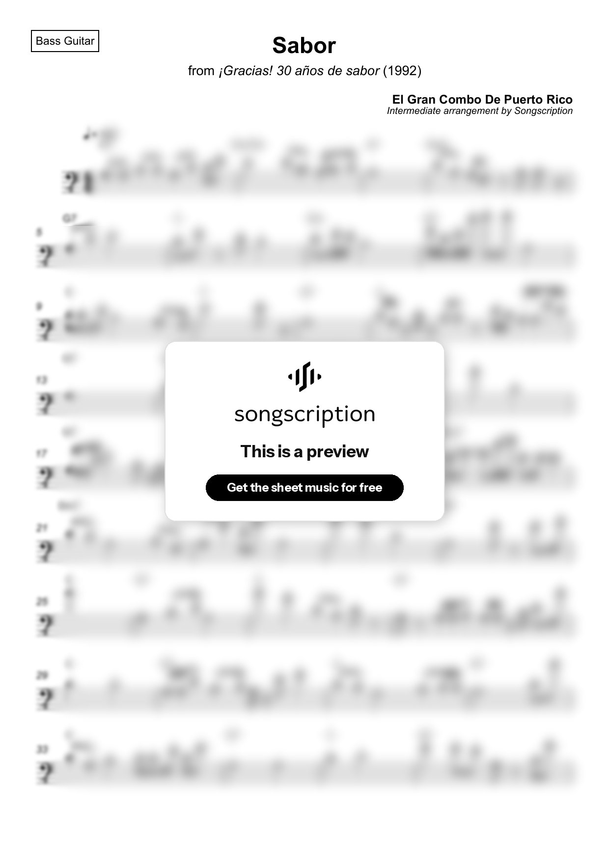 Intermediate Bass Guitar Sheet Music for "Sabor" by El Gran Combo De Puerto Rico