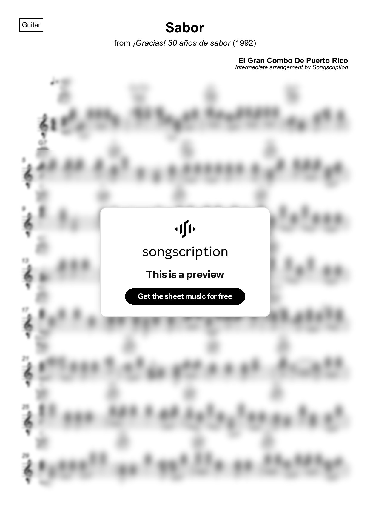 Intermediate Acoustic Guitar Sheet Music for "Sabor" by El Gran Combo De Puerto Rico
