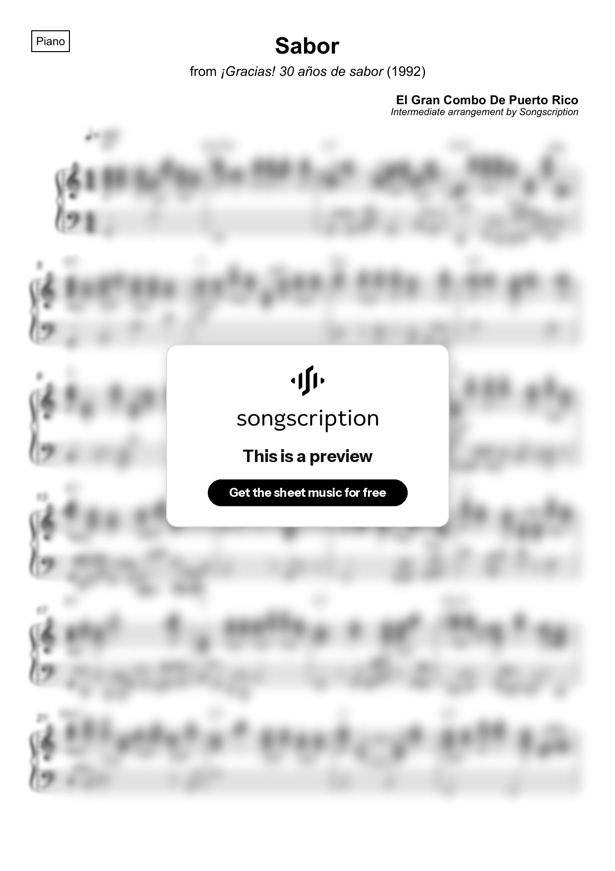 Intermediate Piano Sheet Music for "Sabor" by El Gran Combo De Puerto Rico