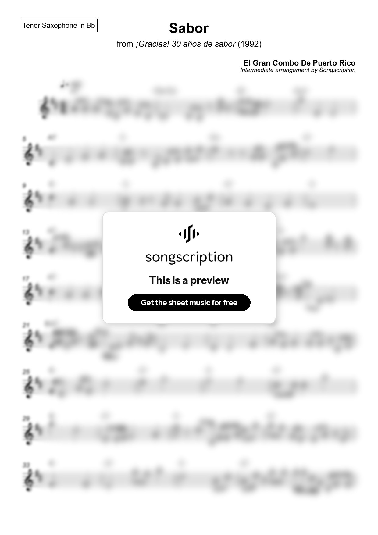 Intermediate Tenor Sax Sheet Music for "Sabor" by El Gran Combo De Puerto Rico