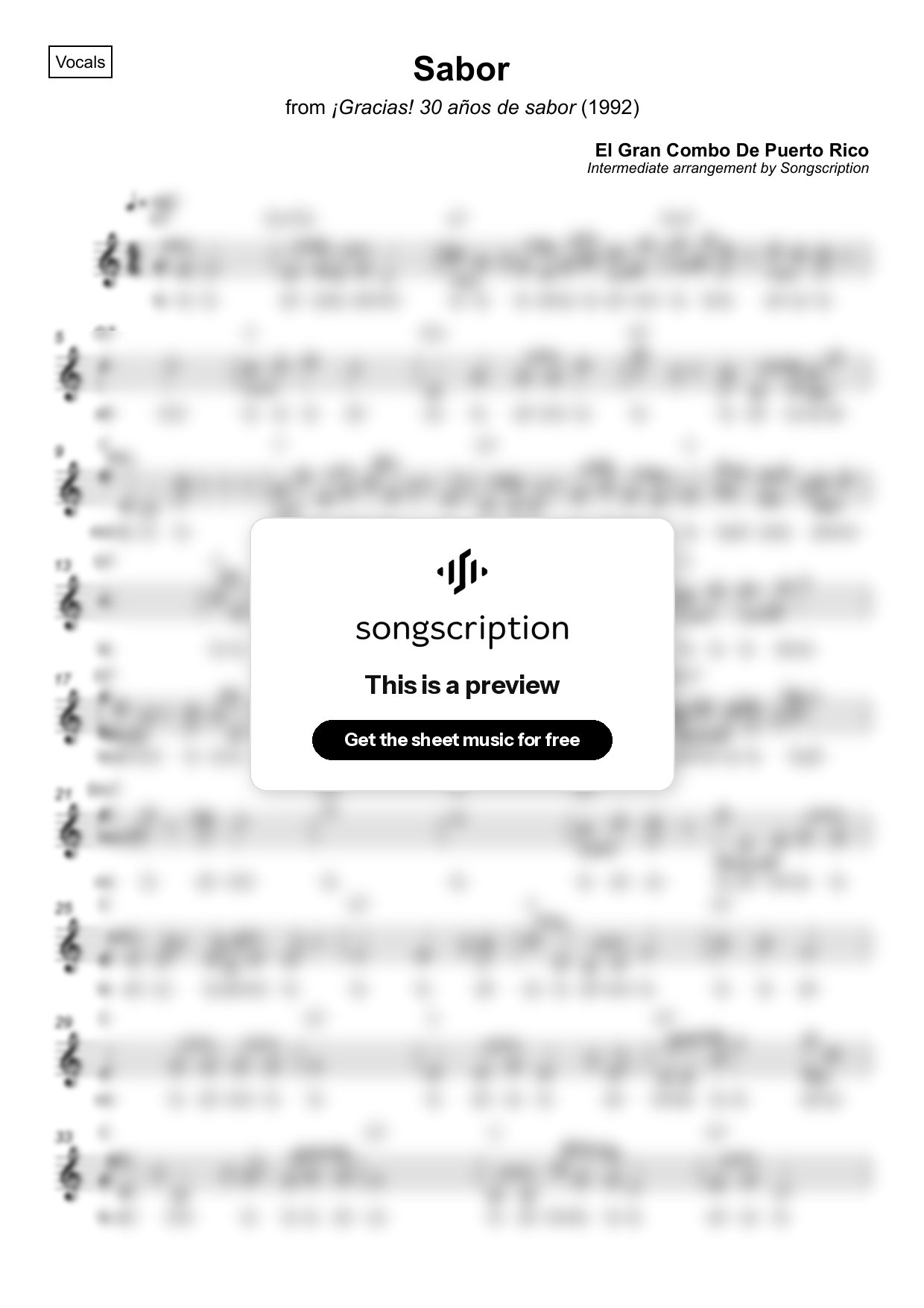 Intermediate Vocals Sheet Music for "Sabor" by El Gran Combo De Puerto Rico