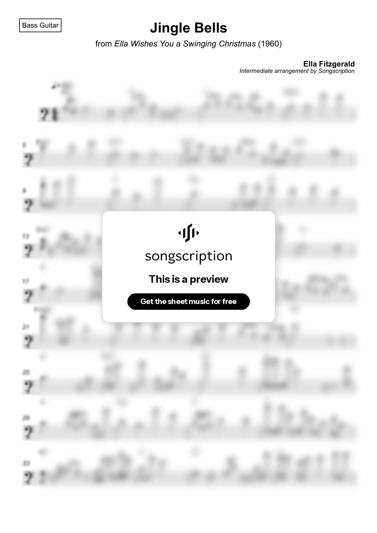 Intermediate Bass Guitar Sheet Music for "Jingle Bells" by Ella Fitzgerald
