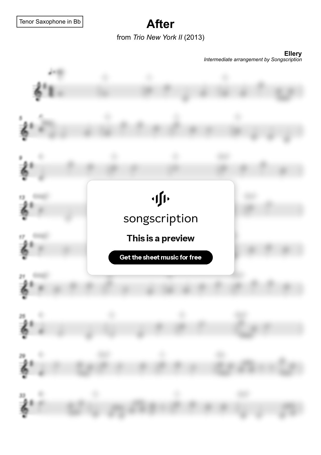 Intermediate Tenor Sax Sheet Music for "After" by Ellery