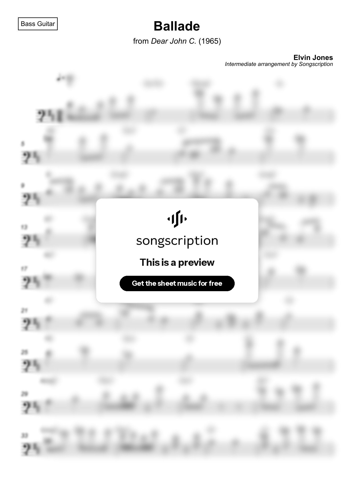Intermediate Bass Guitar Sheet Music for "Ballade" by Elvin Jones