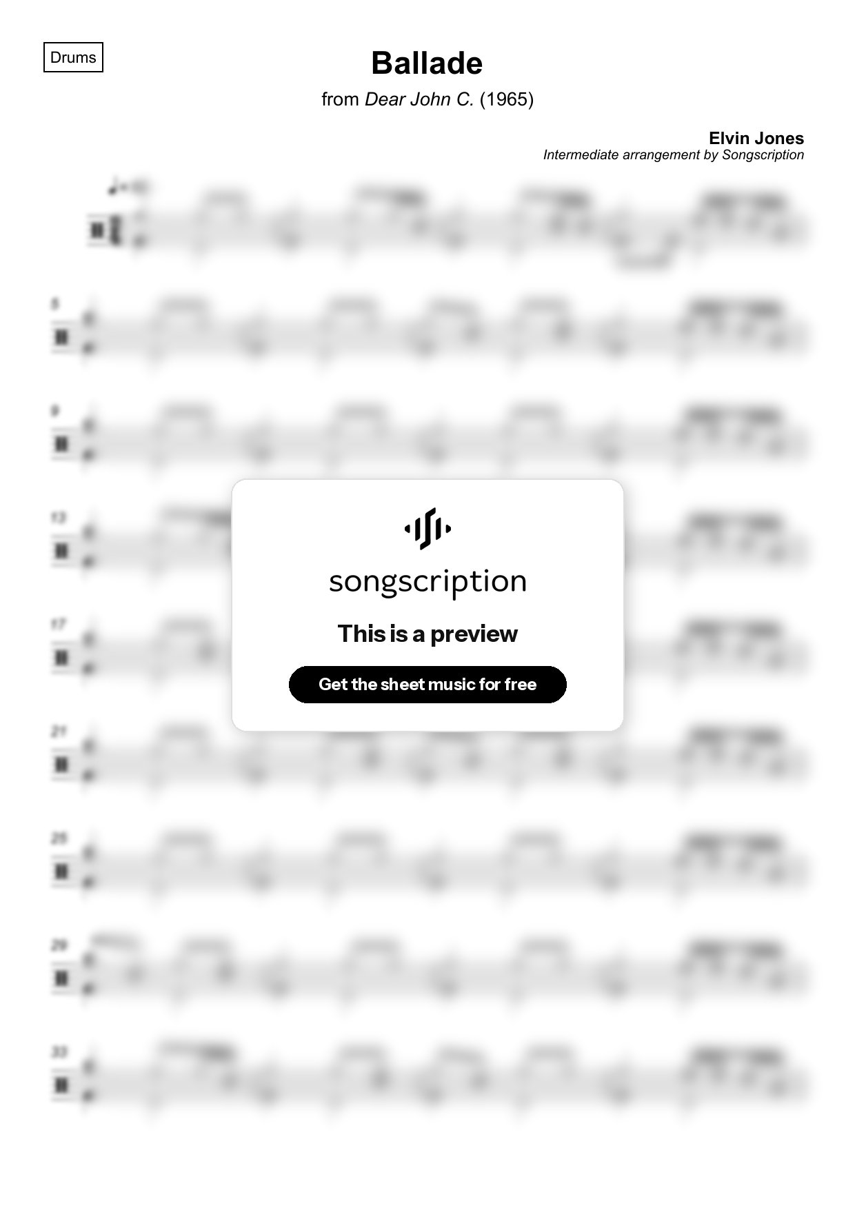 Intermediate Drums Sheet Music for "Ballade" by Elvin Jones