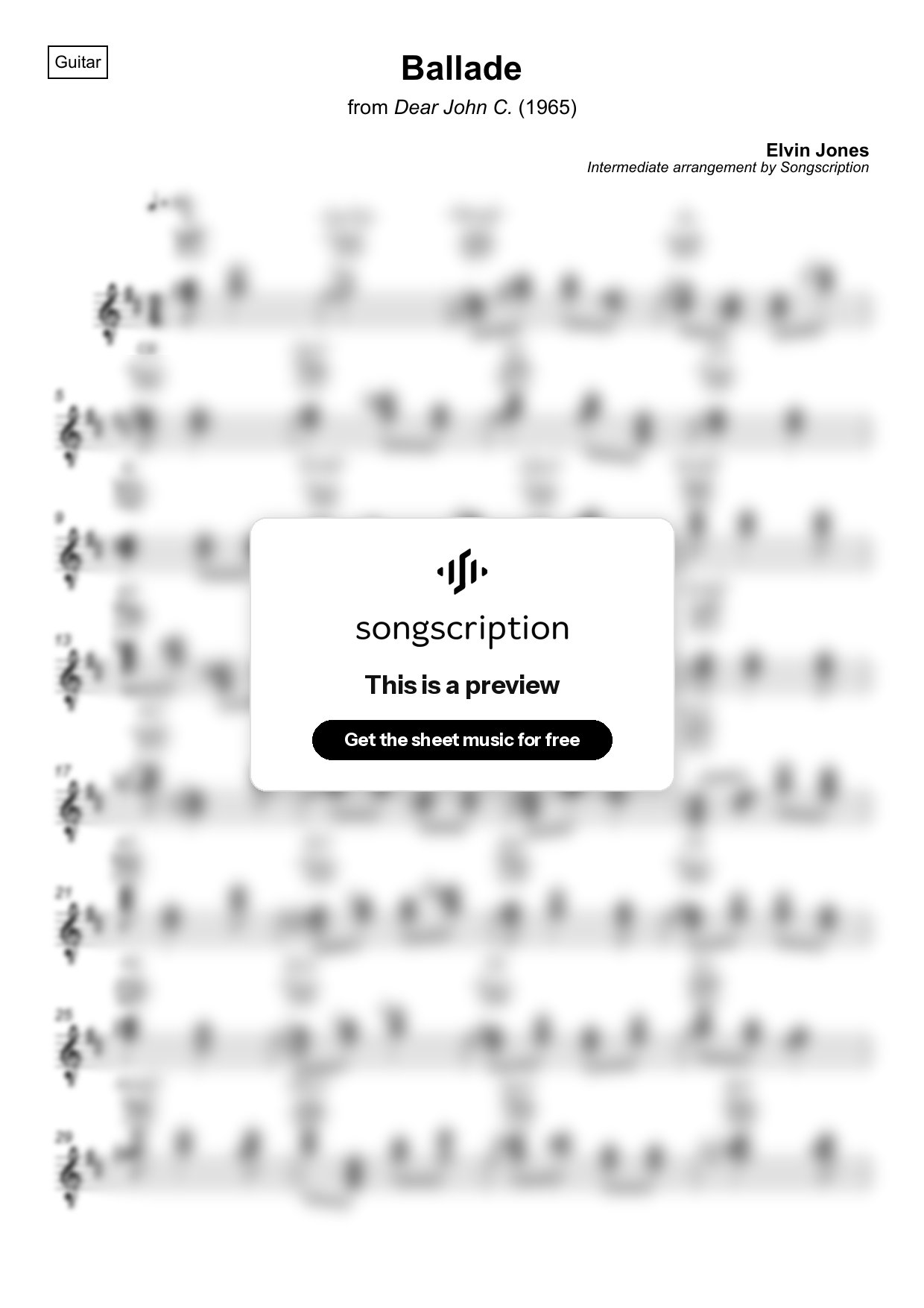 Intermediate Acoustic Guitar Sheet Music for "Ballade" by Elvin Jones