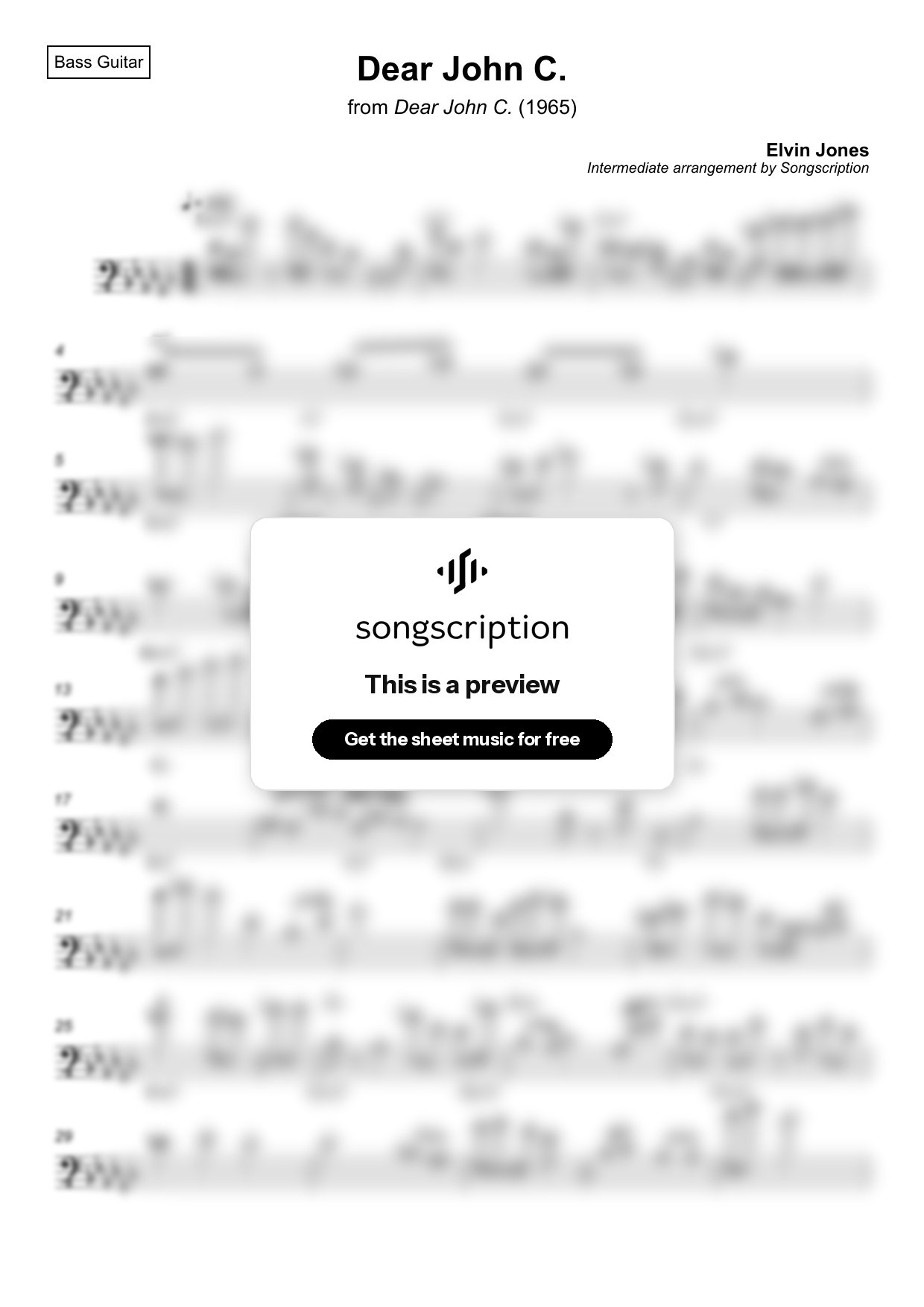 Intermediate Bass Guitar Sheet Music for "Dear John C." by Elvin Jones