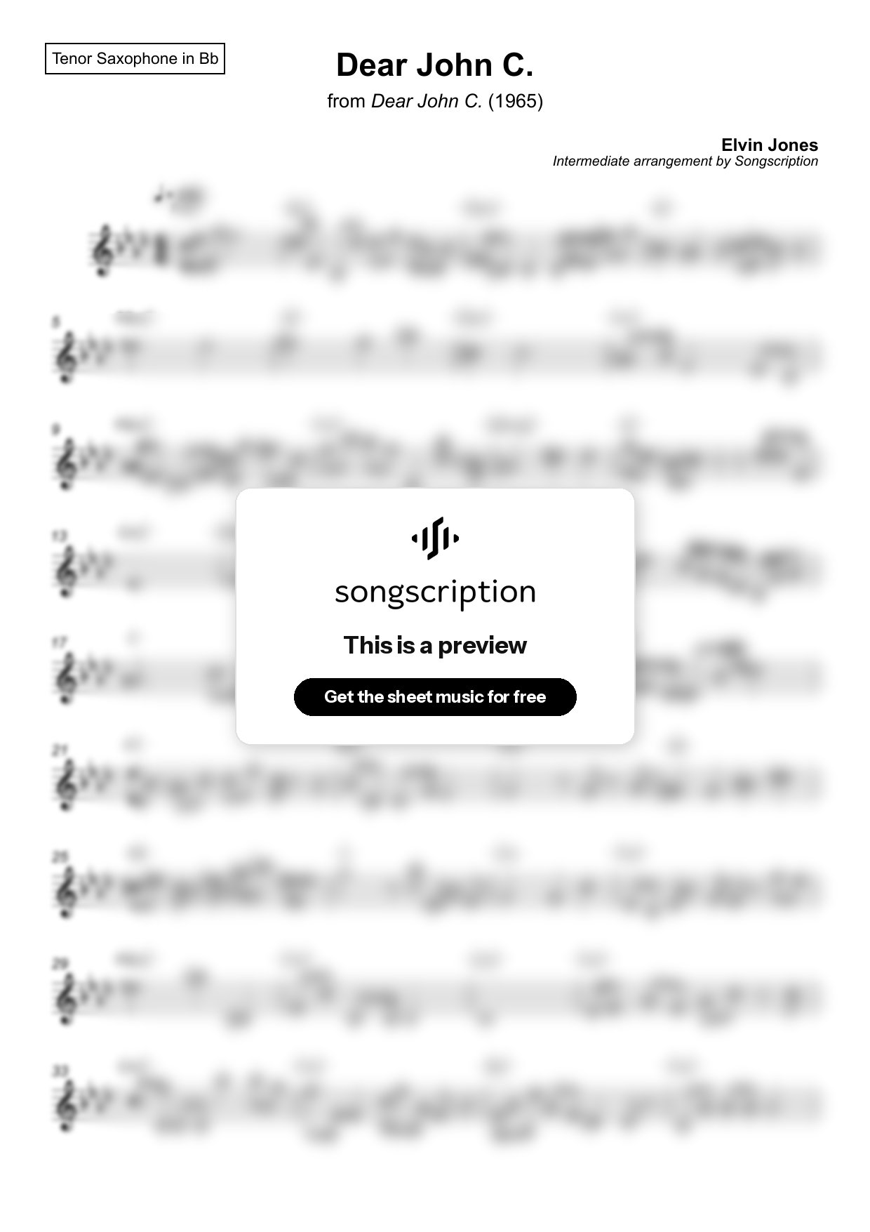 Intermediate Tenor Sax Sheet Music for "Dear John C." by Elvin Jones