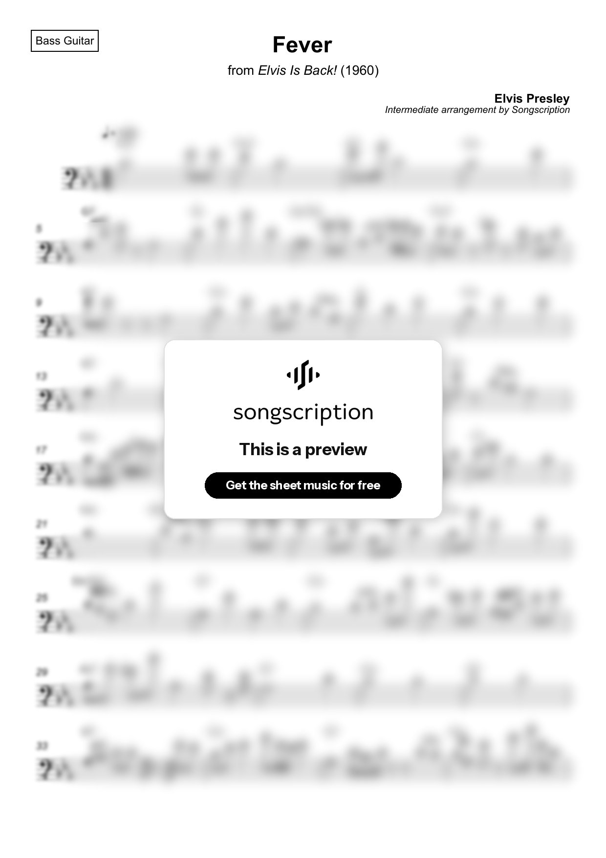 Intermediate Bass Guitar Sheet Music for "Fever" by Elvis Presley