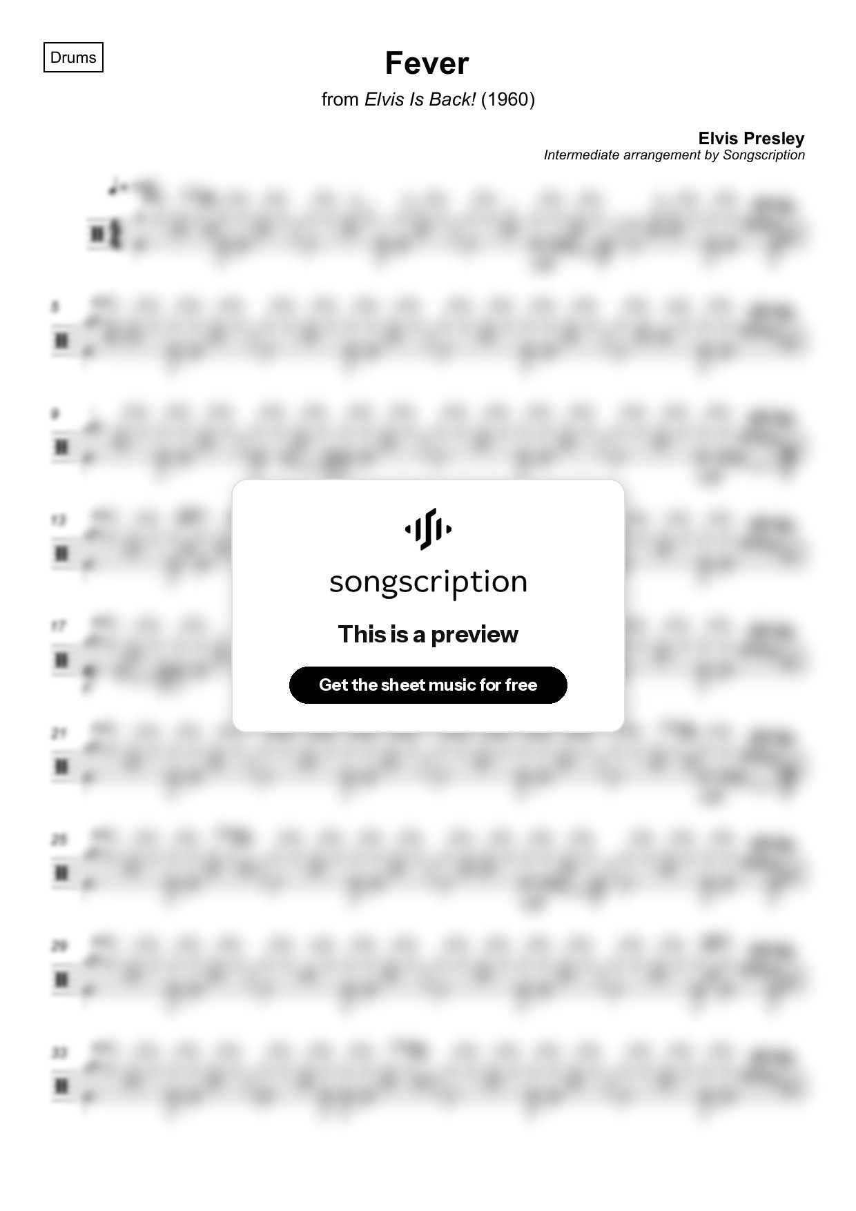 Intermediate Drums Sheet Music for "Fever" by Elvis Presley