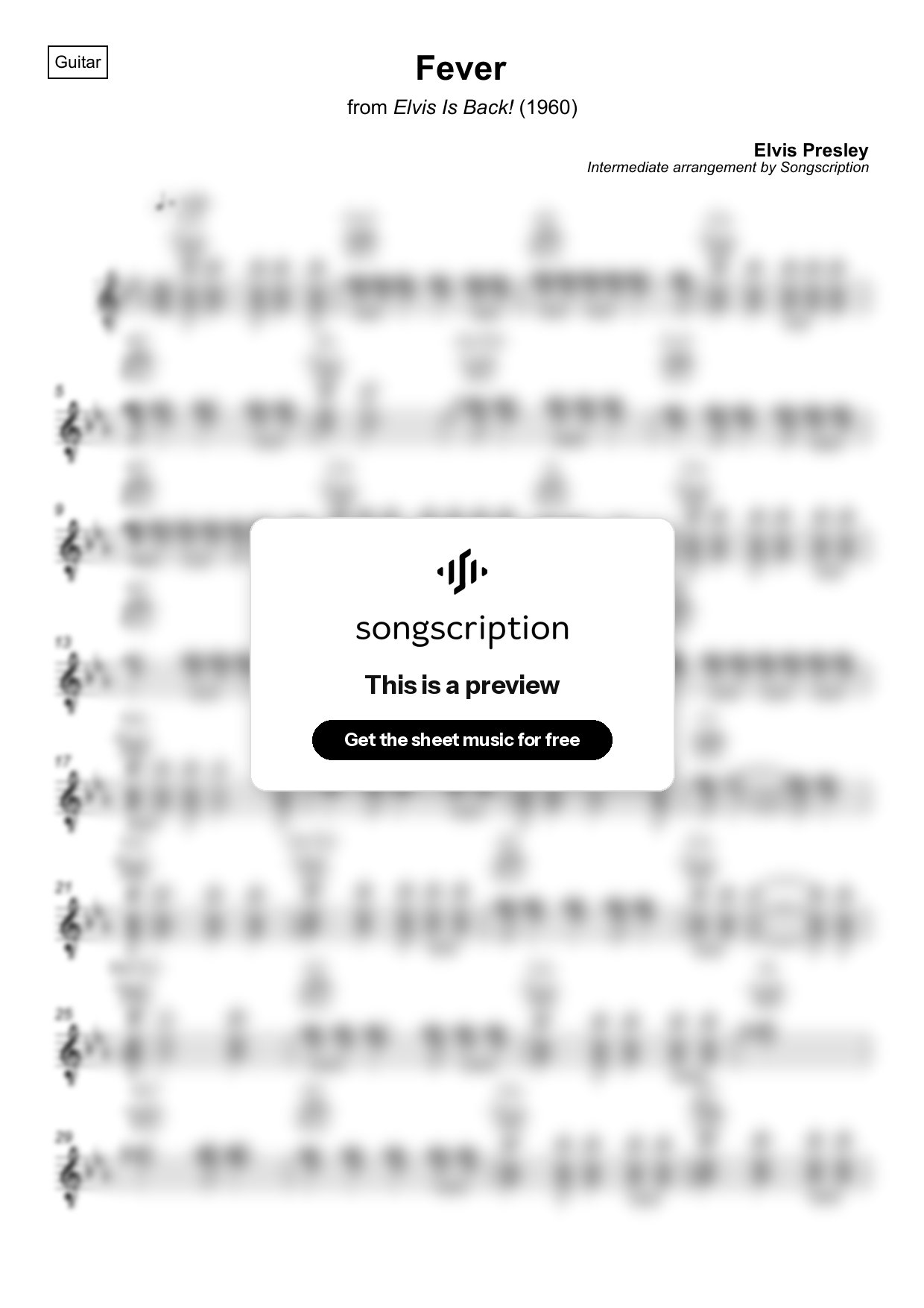 Intermediate Acoustic Guitar Sheet Music for "Fever" by Elvis Presley
